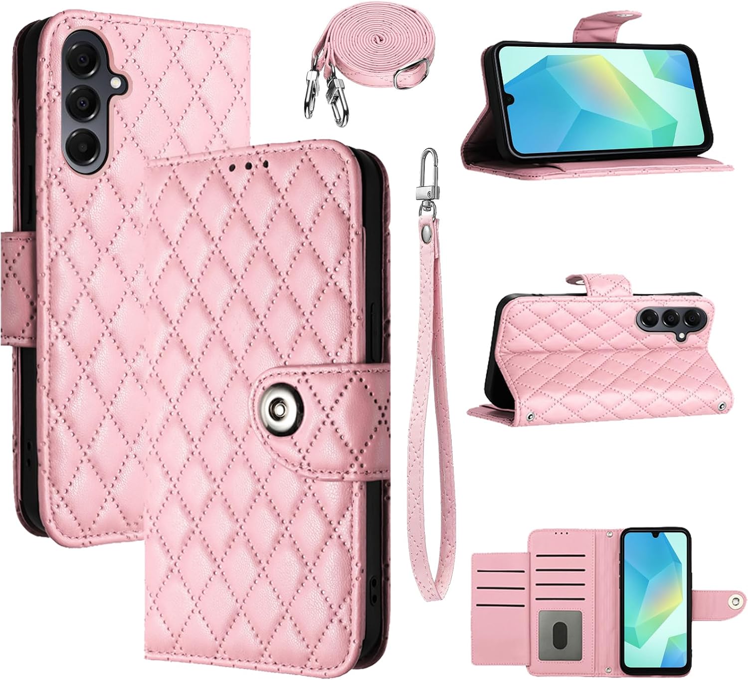 Wallet Case for Samsung Galaxy S25 FE 5G with Wrist Shoulder Strap, Argyle Pattern PU Leather Flip Credit Card Holder Stand Cell Phone Cover for S 25 EF S25FE 25S 25FE Girls Women Pink
