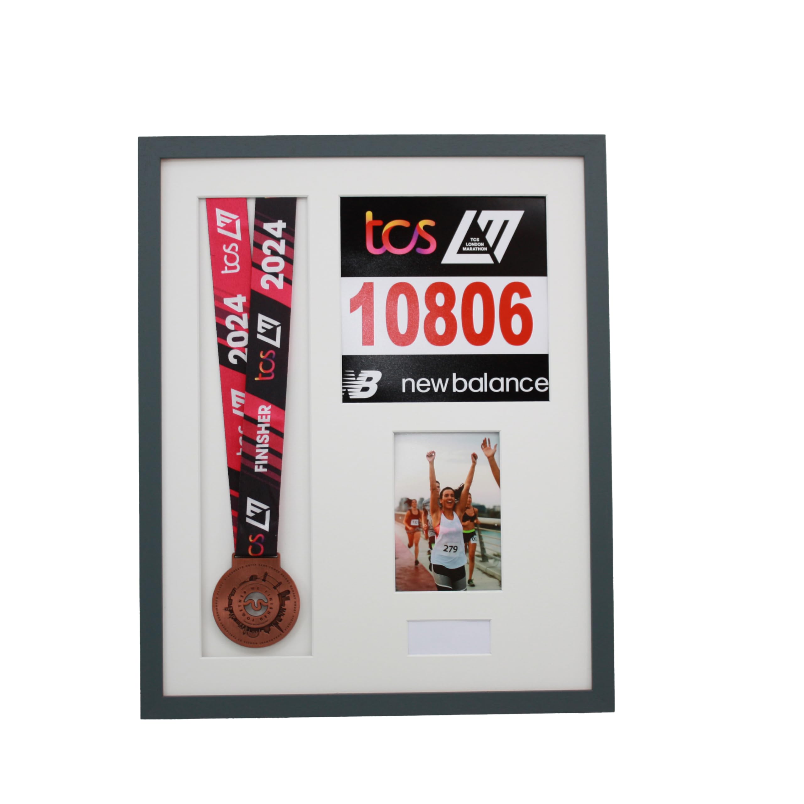 Photoframesandmore Dark Grey Frame Personalised Medal Display Frame With Apertures For Medal, Race Bib, 6X4 Photo And Text. London Marathon 2025 | 2024 | Marathon Medal | (Dark Grey Frame)