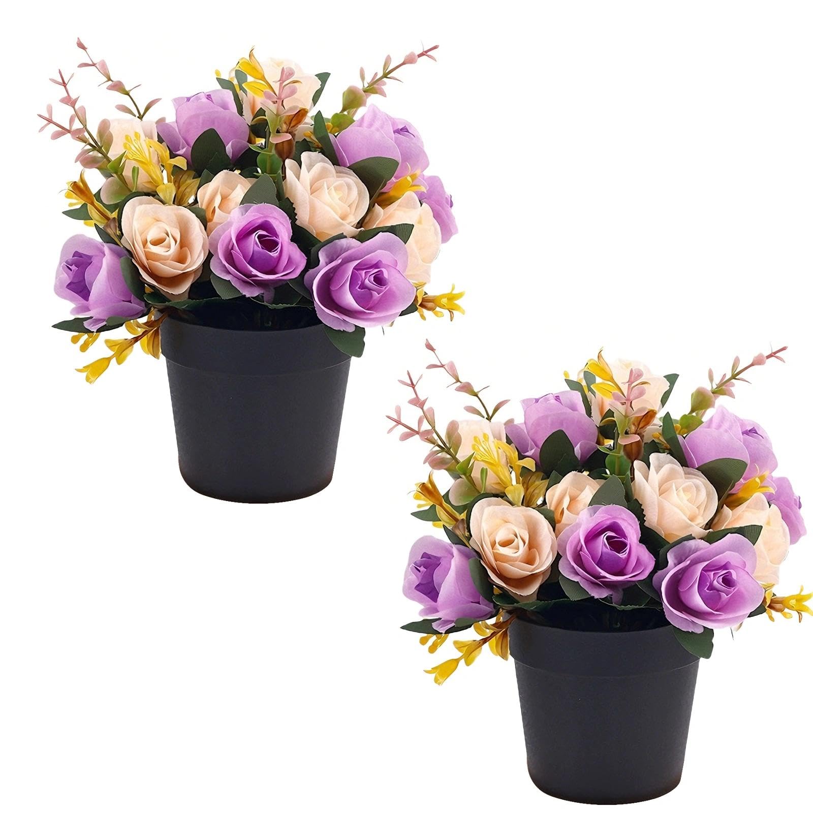 2 Pcs Artificial Flowers for Graves Pots Weather-Resistant Cemetery Flowers with 12 Lifelike Roses