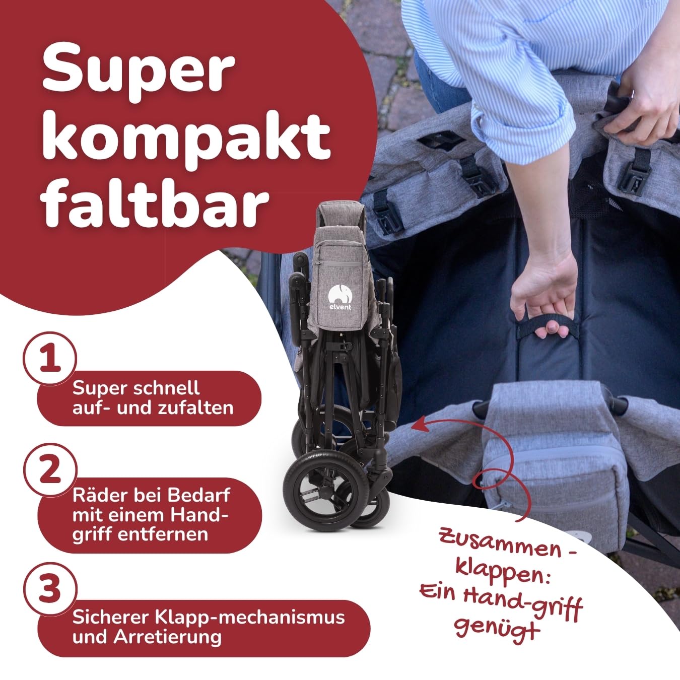 elvent® ComfortPlus 2 Sitzer Bollerwagen - Handwagen faltbar mit Dach I Feststellbremse, PU-Reifen, 5-Punkt-Gurt I für 2 Kinder (grau)