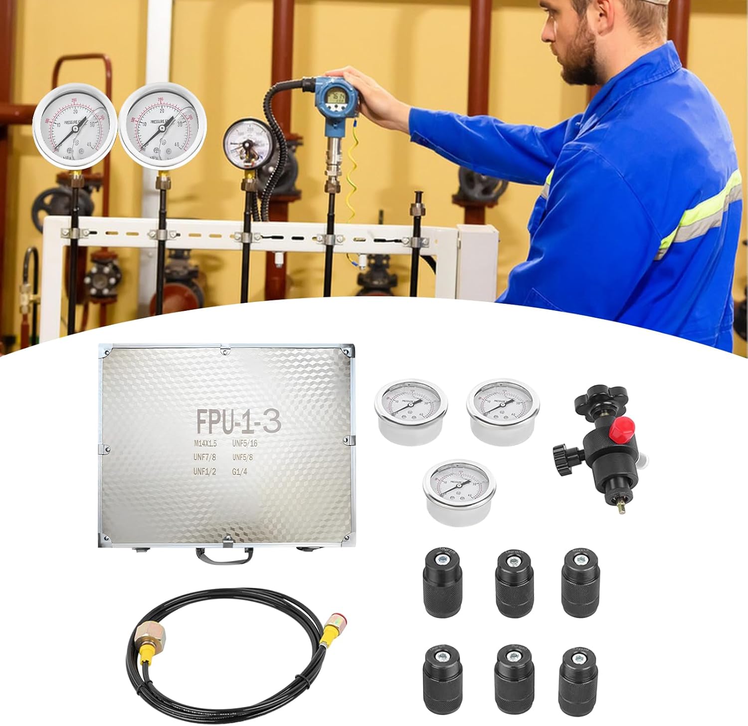 Hydraulic Nitrogen Accumulator Gas Charging System Pressure Test Kit with 3-Gauge 400BAR/6000PSI Inflatable Tool Fill Gas Valve Hose Assembly Set with Case FPU-3-10/25/40