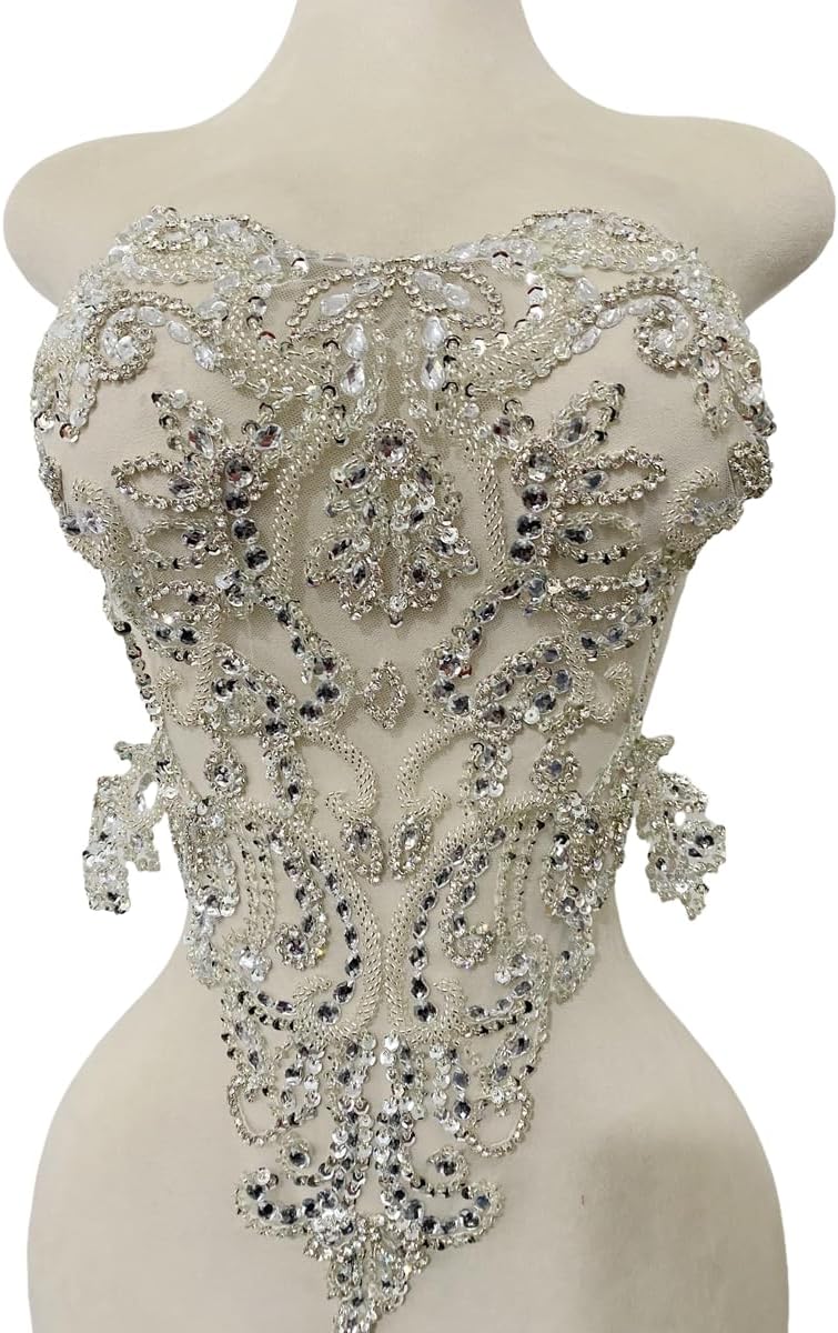 Pure Hand Sewing Beads Appliques sew on Rhinestones Sequins Crystals Trim Patches for Wedding Dresses DIY Accessories 18X19in (Silver)