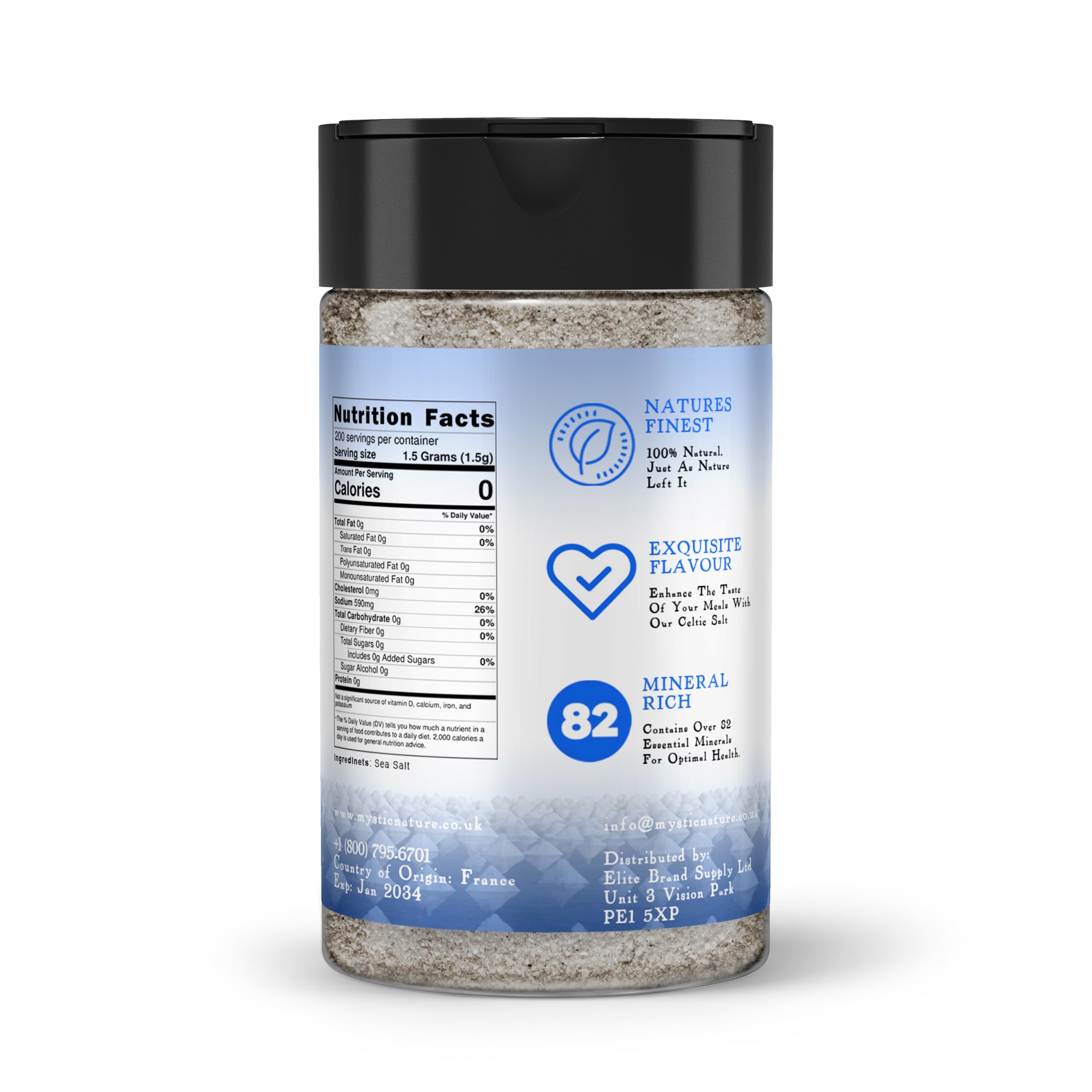Mystic Nature Salero de mar celta – 300 g | Sal celta 100% natural sin refinar | Agitador cómodo de usar | Cristales de sal del mar celta cosechados a mano de Francia (sal molida fina)