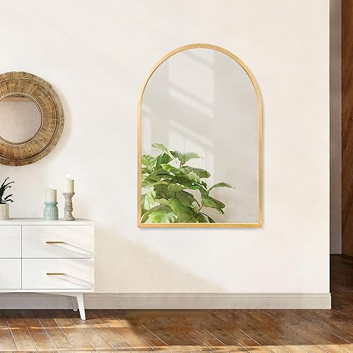 Miniatura 231 de Espejo de pared arqueado negro con marco de aleación de aluminio, espejo de baño de metal cepillado, espejo montado en la pared para sala de estar