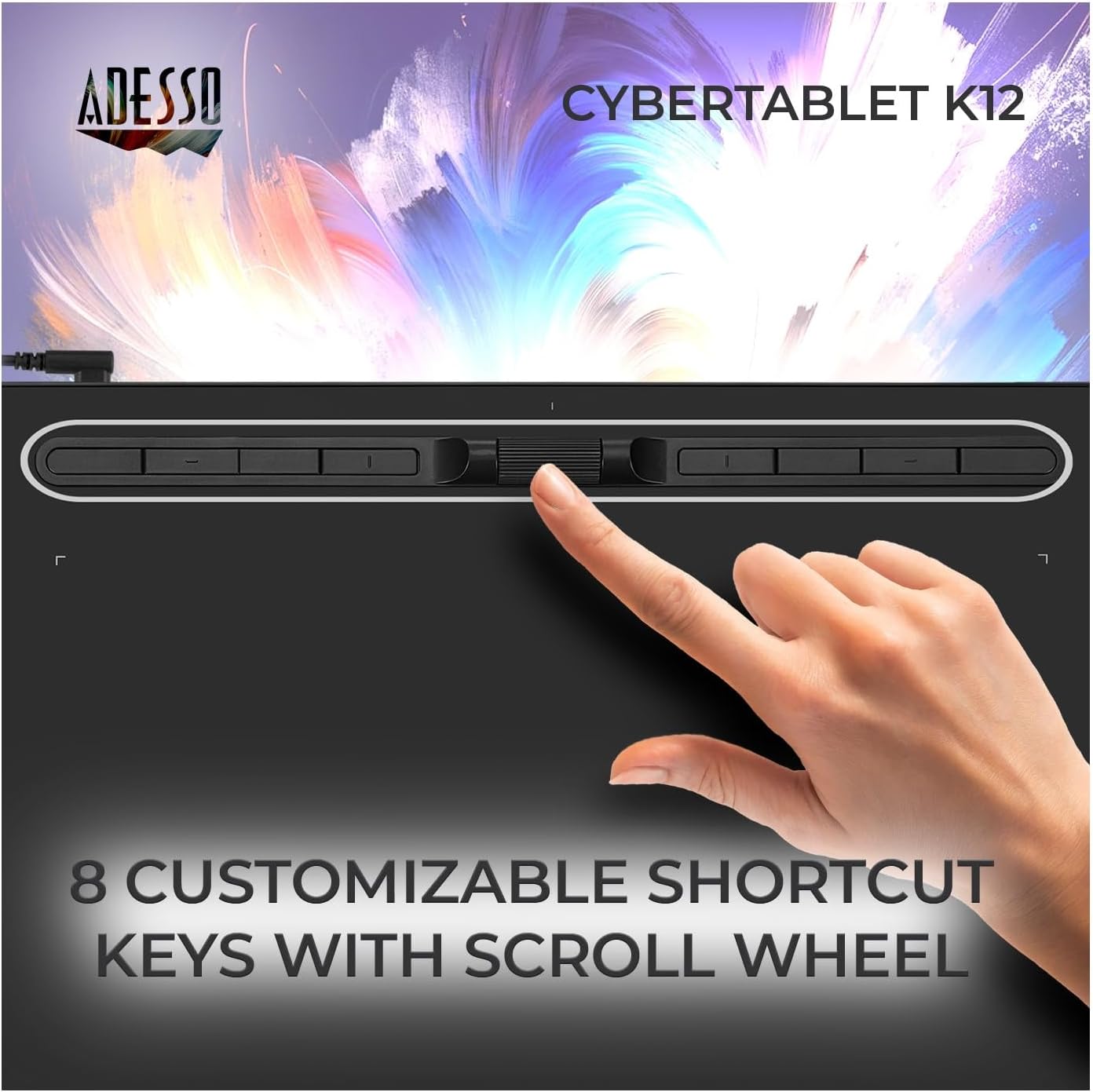 Adesso Large Graphics Drawing Tablet Pad 12 x 7 Inch 8192 Levels Battery-Free Pen, 8 Customizable Keys with Scroll Wheels, Black, Compatible with PC/Mac/Android OS for Painting, Designing, Black