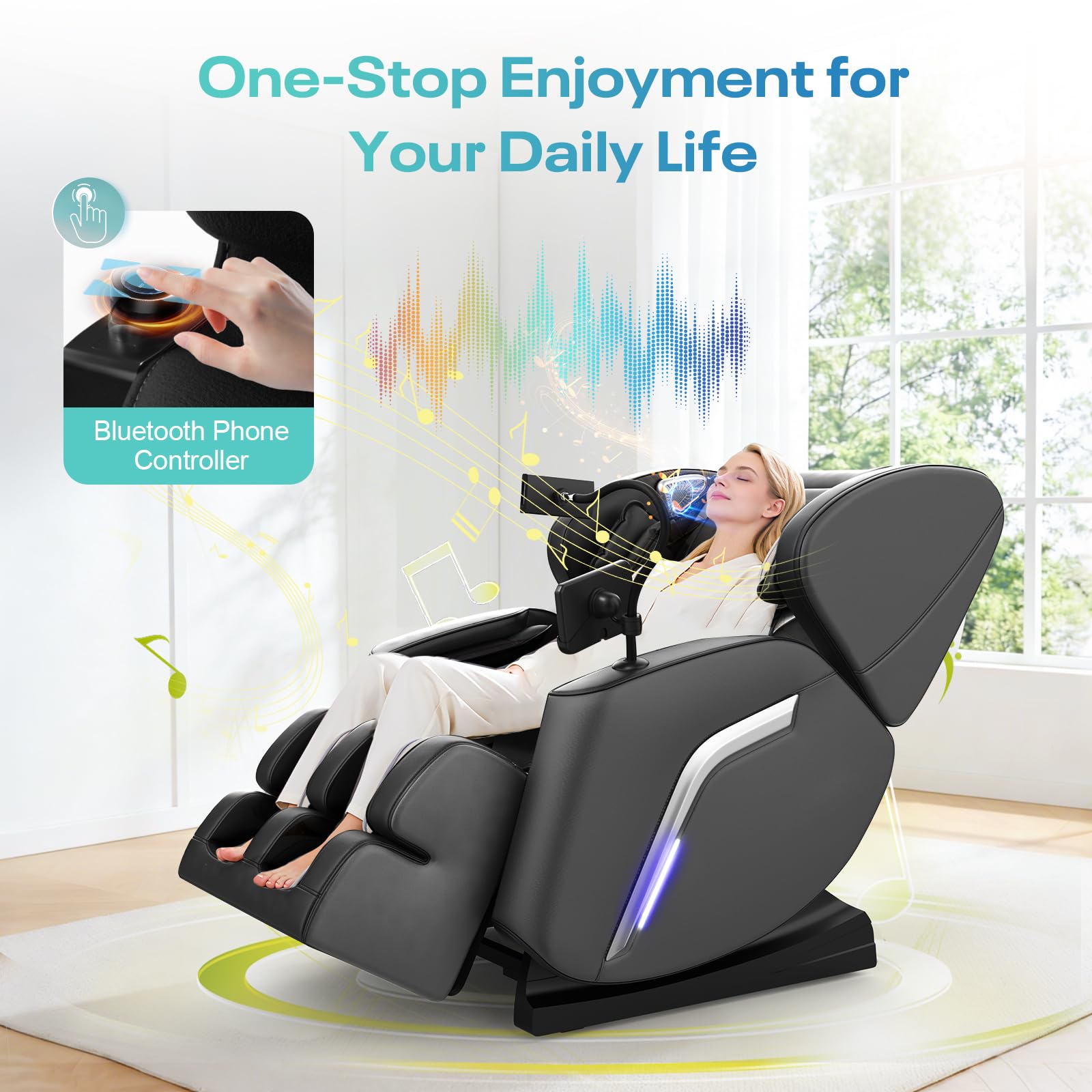 Sillón de Masaje con Función de Calor, 14 Rodillos, 9 Bolsas de Aire, Masaje de Pies,Altavoz Bluetooth, Control por Teléfono Inteligente, Panel Táctil, Sillón Reclinable de Gravedad Cero