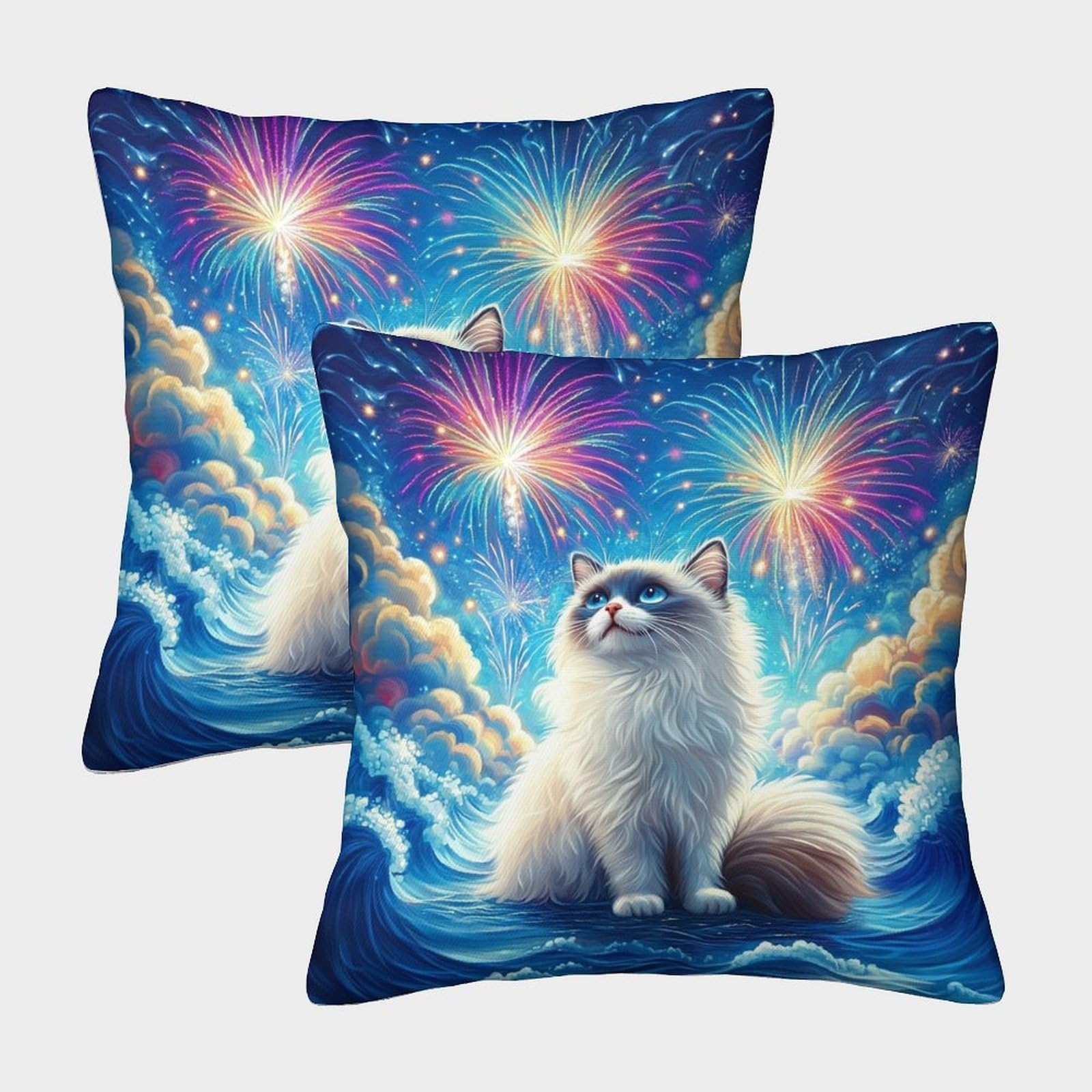 QFVANSIYO 3D Printed Fireworks Cat Microfiber Pillowcase Bedroom Decor Cat Fireworks Pillow Cover Soft for Adults Teens 50x50cm
