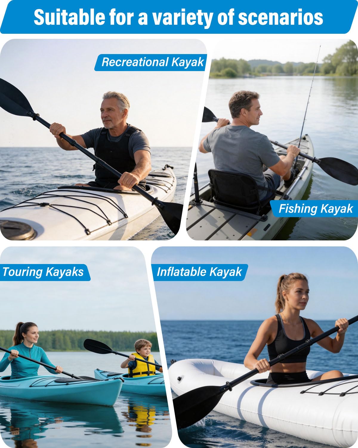 Pagaie de kayak télescopique réglable de 157,5 à 221 cm, tige en acier inoxydable et lames en fibre de verre, rames de kayak amovibles avec sac de rangement pour adolescents et adultes