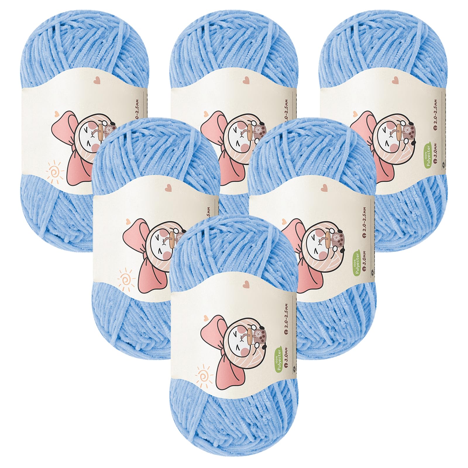 Aeelike Fein Chenille Babywolle zum Häkeln, 6×50g Weich Flauschige Strickwolle zum Stricken, 100% Polyester Warme Chenille Crochet Yarn, Amigurumi Chenille-wolle Set für Anfänger, Hellblau