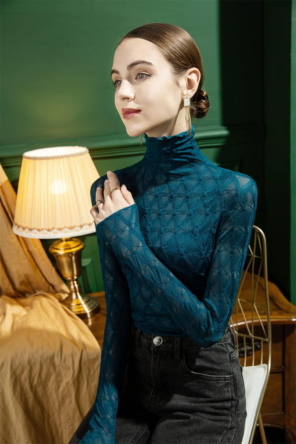 Women's Long Sleeve Bodycon Turtleneck Tees Top Lace Sexy See Through Sheer Mesh Eyelash Trim Shirts Elegant Blouse - Image 5