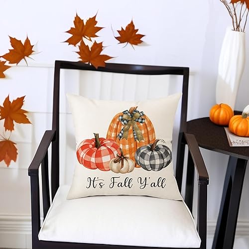 Miniatura 3 de Aitukang Fundas de almohada de otoño de 18 x 18 pulgadas, diseño de calabaza a cuadros de acuarela, funda de almohada decorativa de otoño de Acción