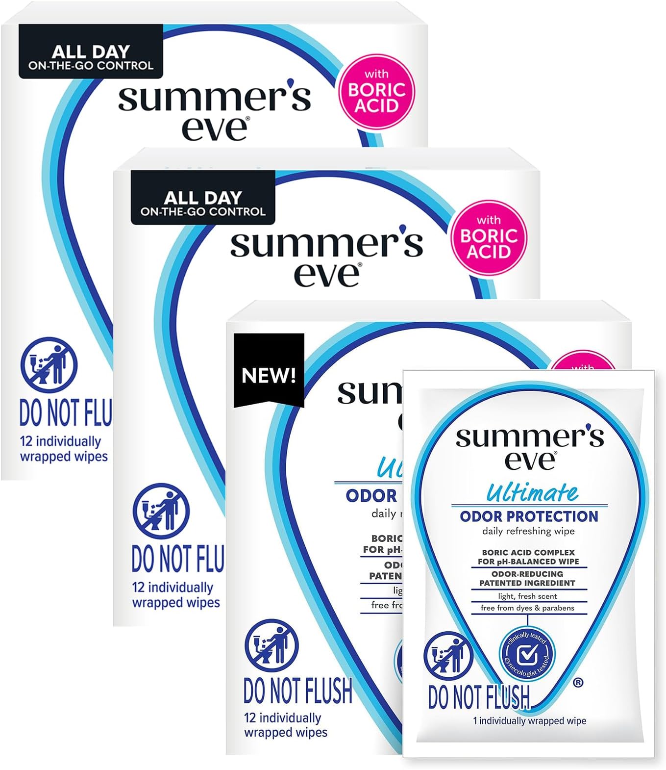 Summer's Eve Feminine Wipes, 12 ct (Pack of 3) | Ultimate Odor Control | Boric Acid | pH Balance | On-the-go