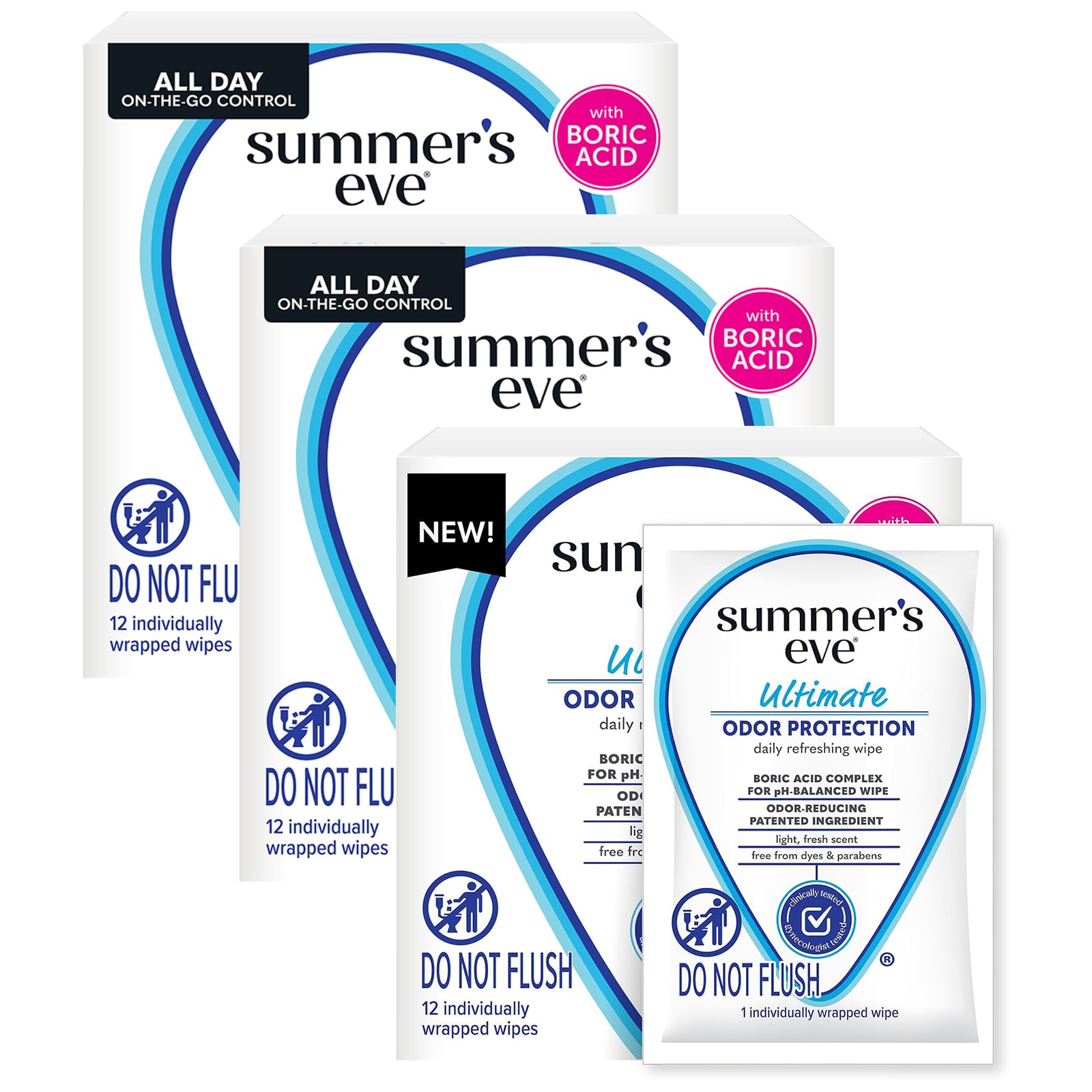 Feminine Wipes, 12 ct (Pack of 3) | Ultimate Odor Control | Boric Acid | pH Balance | On-the-go