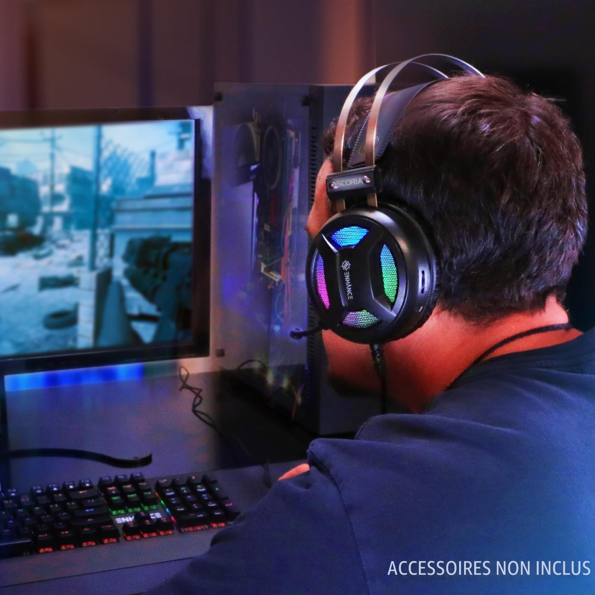 ENHANCE Gaming Scoria 2 Casque Filaire - Casque Gaming avec Son Surround 7.1, Coussinets en Mousse à Mémoire de Forme, Commandes Rapides - Micro Compatible avec PlayStation, PC