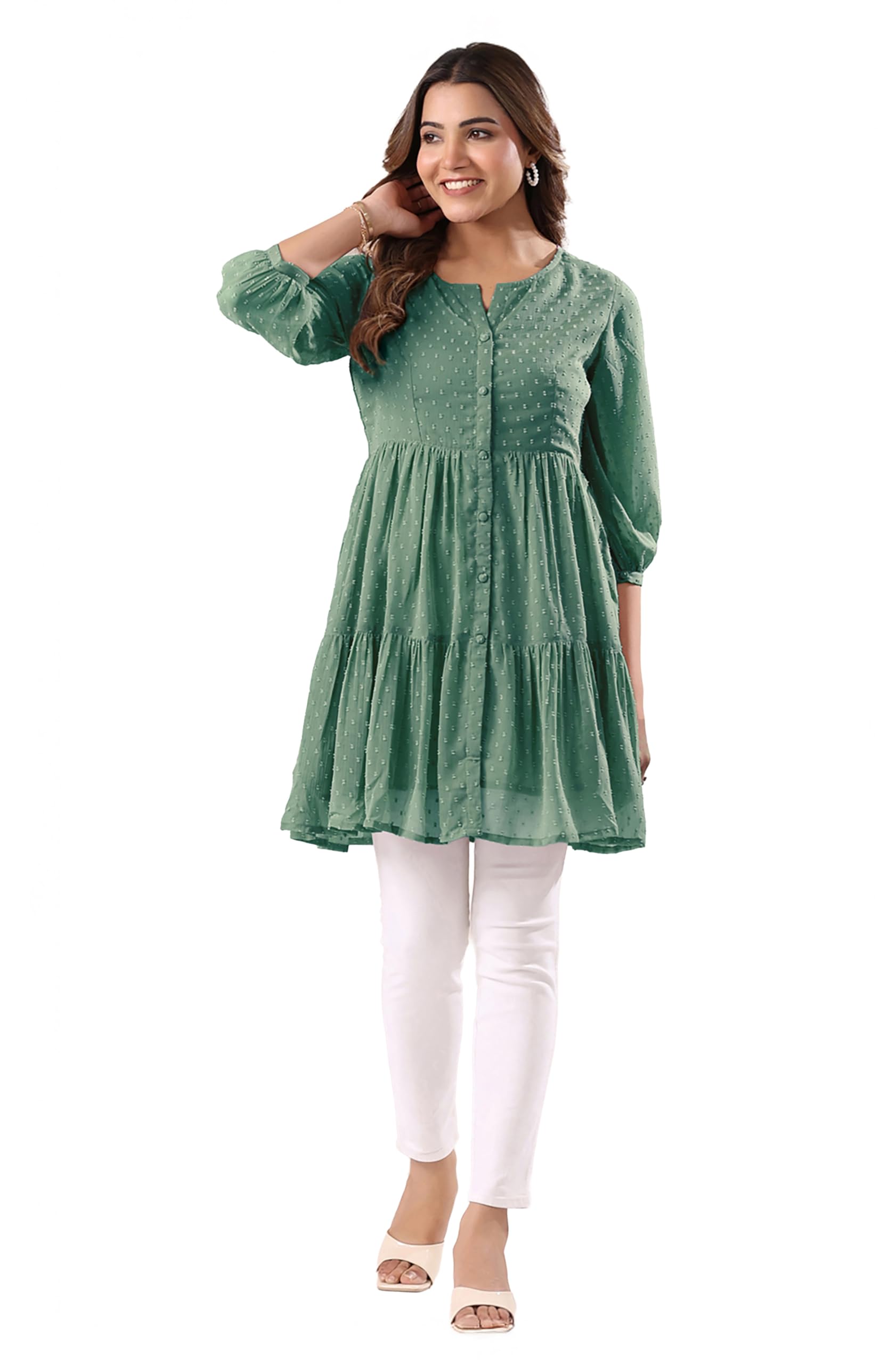 janasya Women's Dobby Chiffon Sage Green Solid Gathered Tunic-picture-12