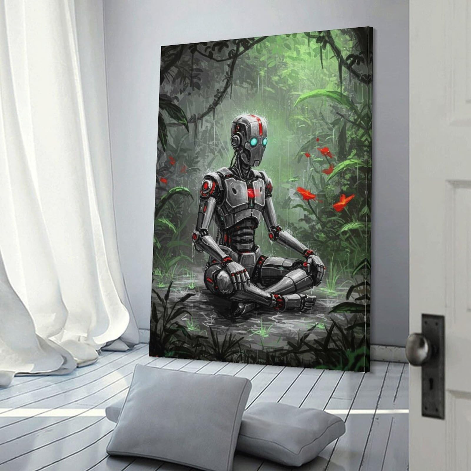 Robot en Méditation Jungle Illustration Rétro Toile Durable POLIUAWS