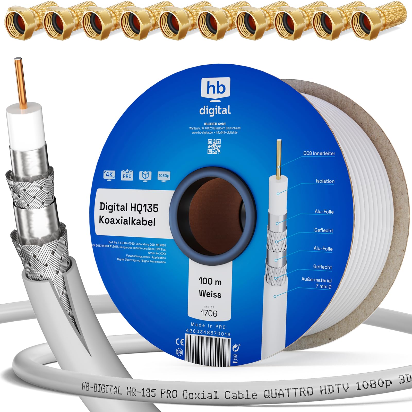 Premium X PRO SAT coaxkabel 100m zwart - volledig koperen binnengeleider - 5 -voudig afgeschermd - TV antennekabel voor binnen en buiten (UV/weerbestendig) incl. 10x F-stekker | HDTV · UHD · 4K · 8K