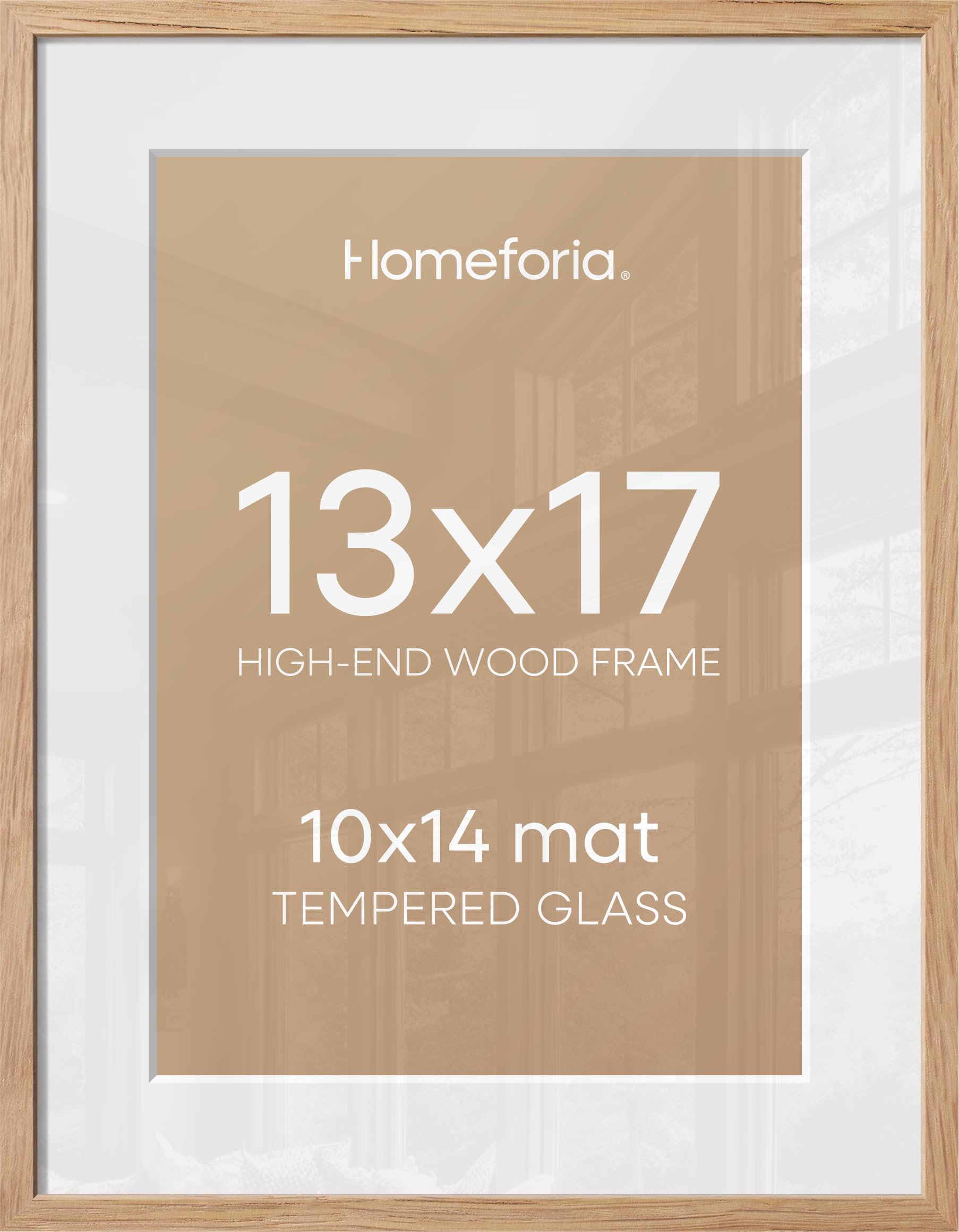 Homeforia 13x17 Natural Oak Picture Frame, High-End Wood, 10x14 Mat, Glass | High End Solid Oak Wood, Tempered Glass, Acid-Free 10x14 Removable Mat, 13x17 Edge-to-Edge Display 17x13, Wall Kit, Set Of 3