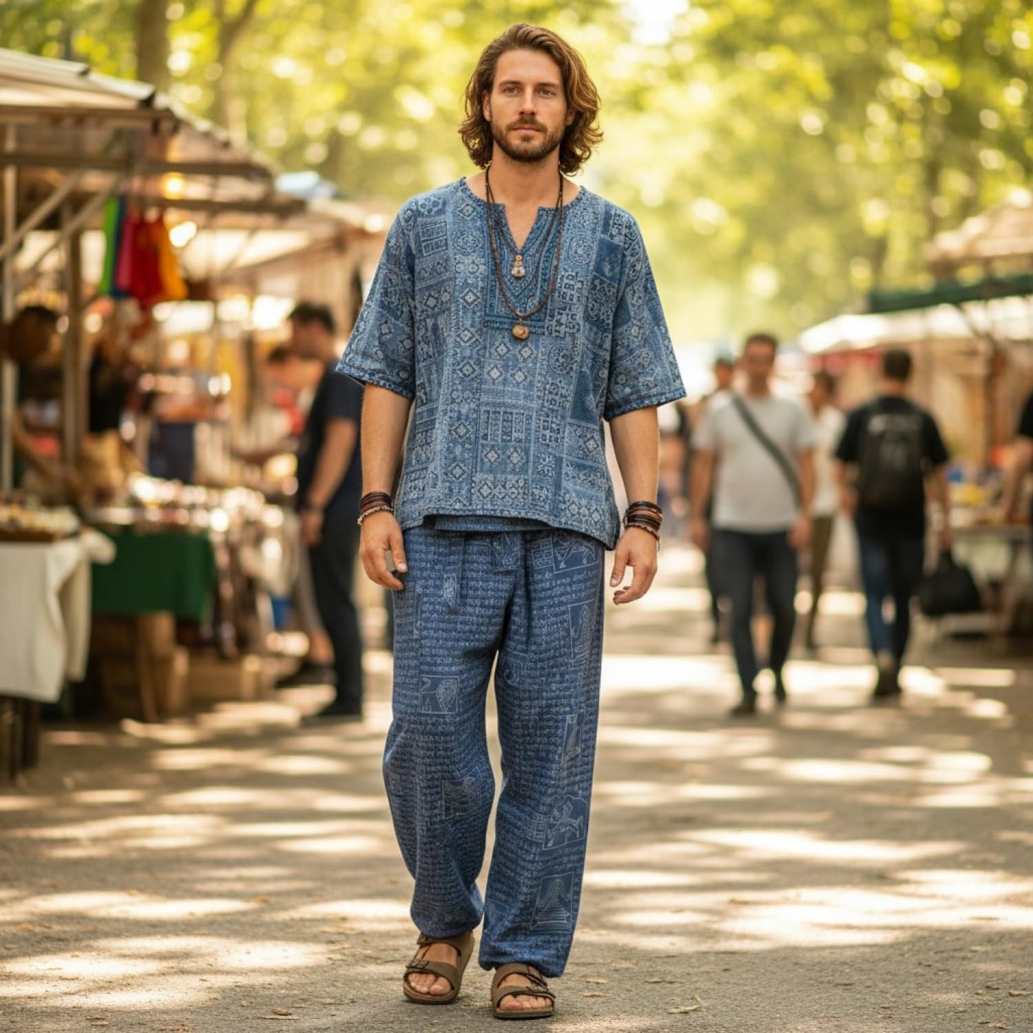 GURU SHOP Pantalon de pêche thaïlandais avec imprimé mantra en coton tissé, pantalon enveloppant, pantalon de yoga, homme/femme, vert, taille : taille unique