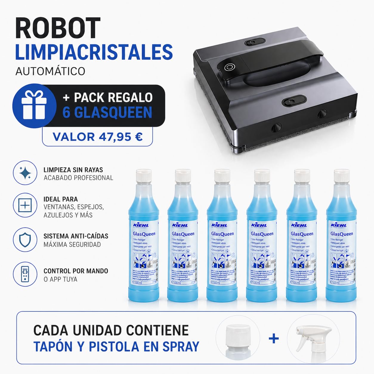 Robot Limpiacristales Automático con 4 Boquillas Pulverizadoras + Pack Regalo 6 Limpiacristales Kiehl GlasQueen– Doble Depósito, Limpieza de Ventanas, Espejos y Azulejos, Mando o App, Anti-Caídas
