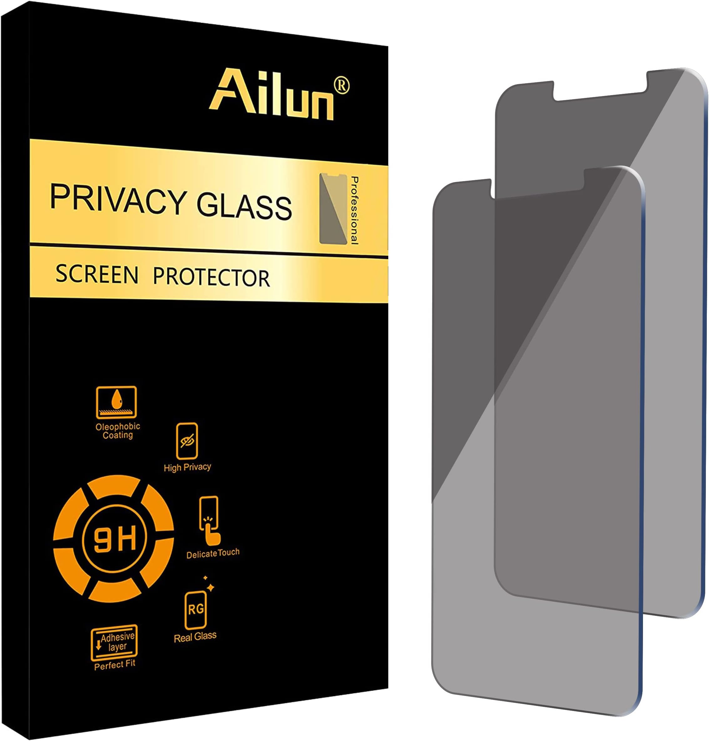 Ailun Privacy Screen Protector for iPhone 16e / iPhone 14 / iPhone 13 / iPhone 13 Pro [6.1 Inch] 2 Pack Anti Spy Private Tempered Glass Anti-Scratch Case Friendly [Not for iPhone 16 6.1 Inch]