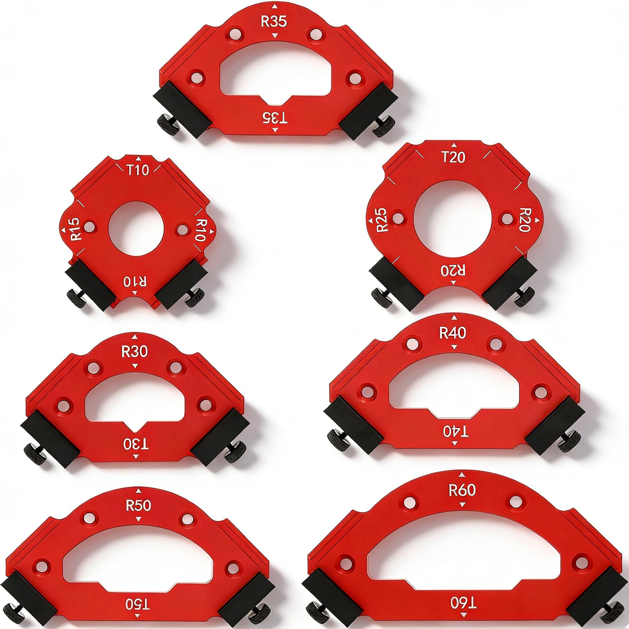 7 Pezzi Modello per Raggio d'angolo del Router, Modelli di Router Fresatura in Lega di Alluminio, per La Lavorazione del Legno R10 R15 R20 R25 R30 R35 R40 R50 R60 T10 T20 T30 T35 T40 T50 T60