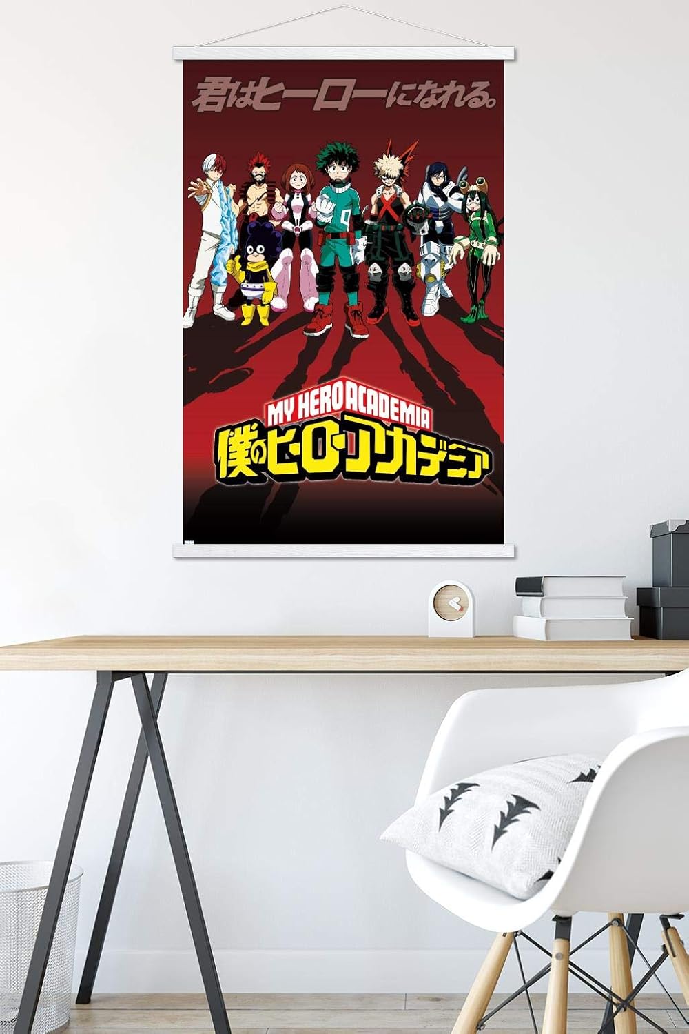 Trends International Hero Academia-Group Pose Wall Poster with Magnetic Frame, 22.375" x 34", Premium Print and White Hanger Bundle