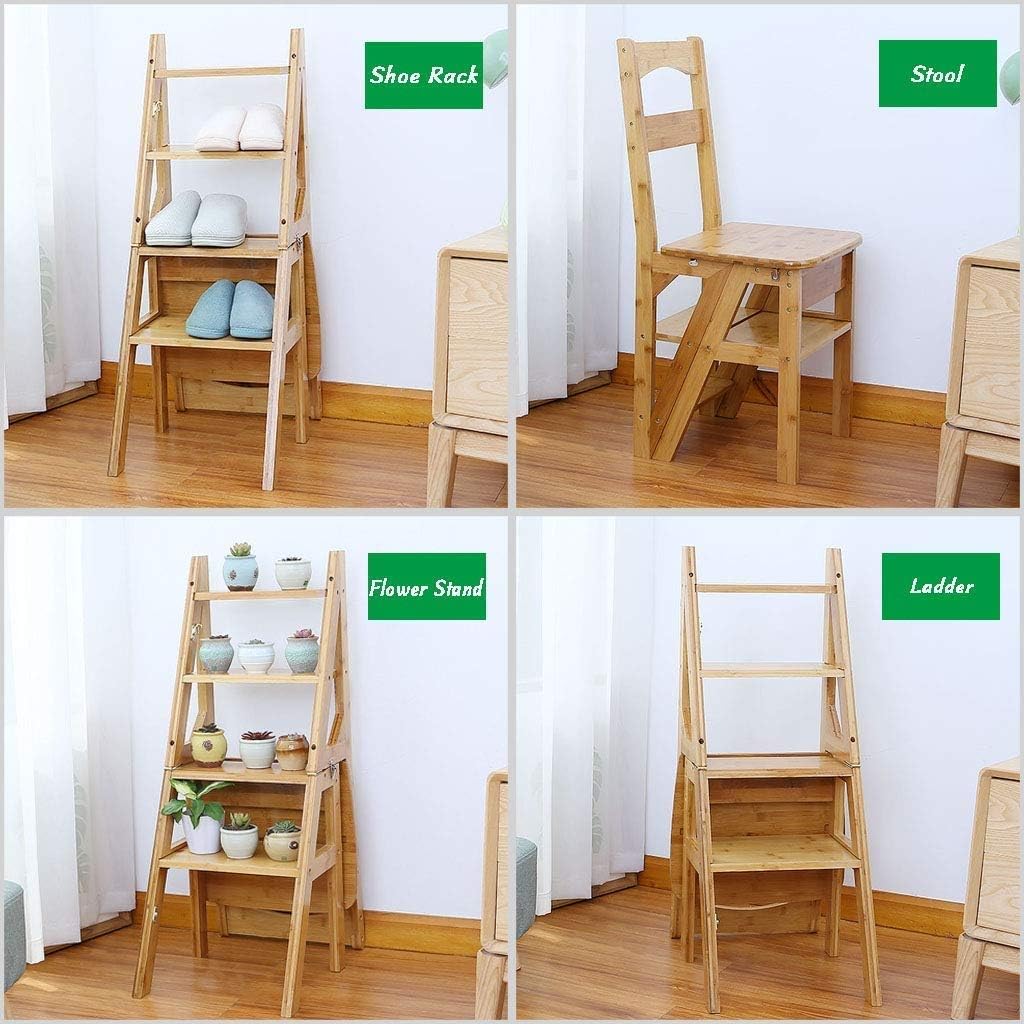 Multifunctional Portable Folding Bamboo Step Stool 4 Step Ladder for Home Office & Library Versatile Chair & Flower Stand Lightweight & Space Saving Design