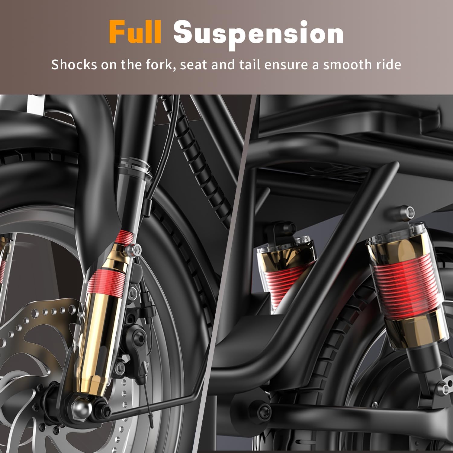 Close-up of the electric scooter's front and rear suspension system.