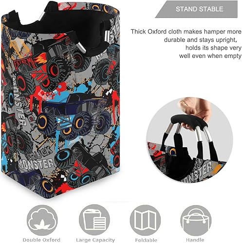 Miniatura 3 de visesunny Cesta de lavandería de gran capacidad con patrón de camión monstruo de automóvil, cestas de almacenamiento de tela Oxford para dormitorio,