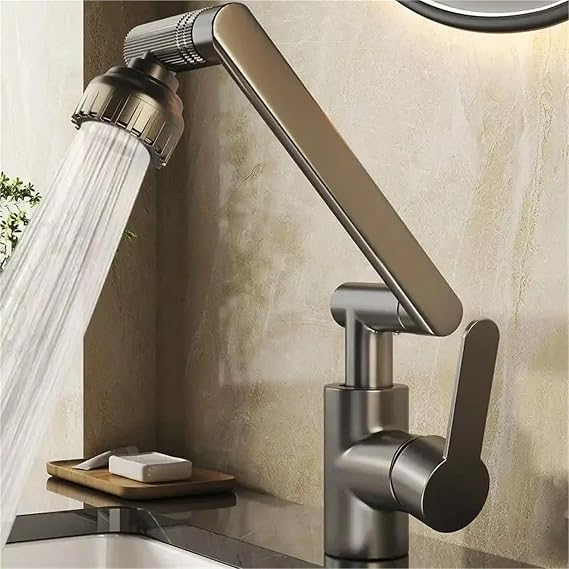 Foldable Kitchen Faucet Universal Dual-Mode Rotating Faucet Mechanical Arm Wash Basin Kitchen Bathroom Hot and Cold Household Up(Silver)