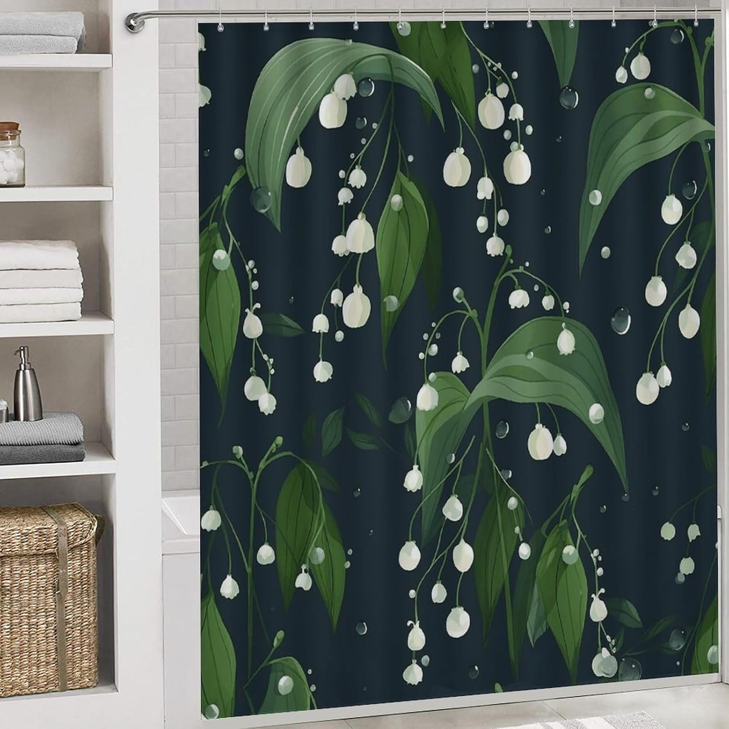 Dark White Light Green Shower Curtain Set 4 Piece, Non-Slip Bath Mat with Toilet Lid Cover and Waterproof Shower Curtain with 12 Hooks, Complete Bathroom Set for Home Decor