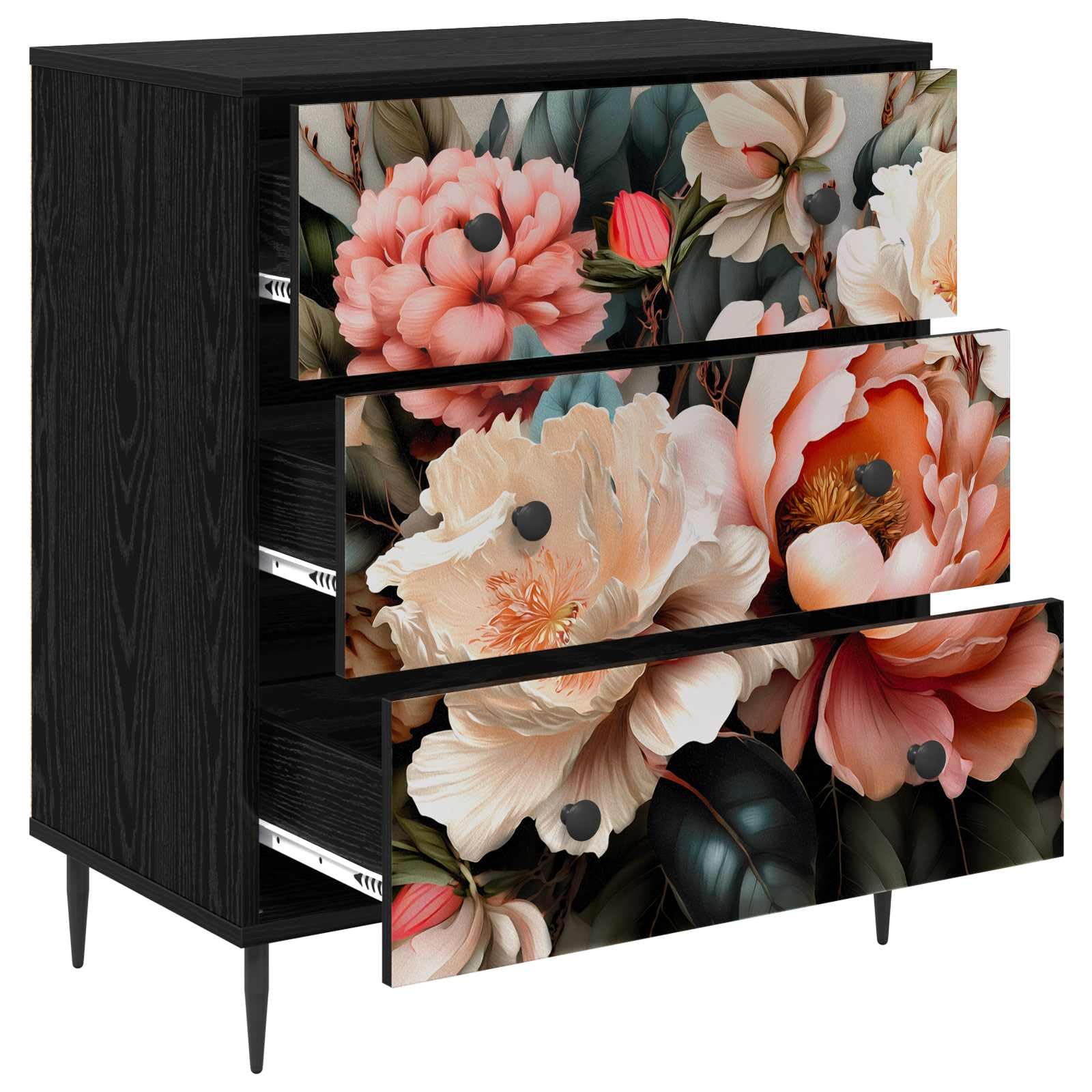 Cassettiera con motivo peonia, 66 x 36,5 x 76 cm, in legno di ingegneria, 3