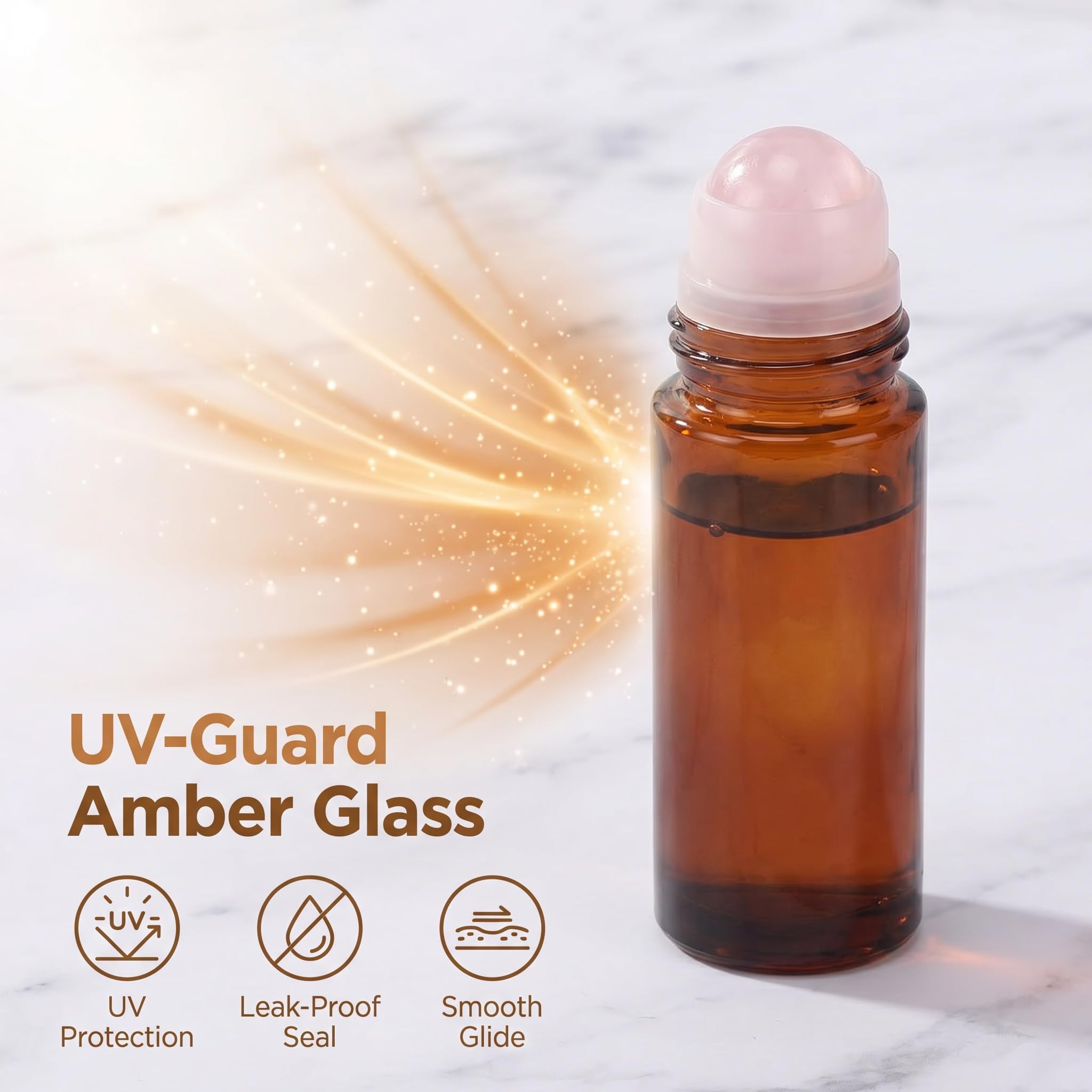 Botellas de bola rodante de cuarzo rosa para aceites esenciales, paquete de 2 botellas vacías de vidrio ámbar recargables de 50 ml con bola rodante de cristal para aceite de ricino, equipadas con un