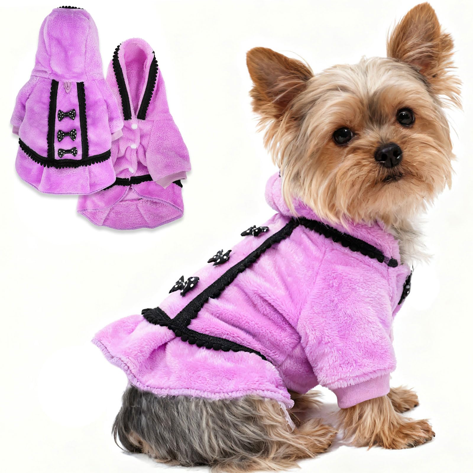 Winter Dog Dress for Small Dogs Girl Puppy Sweater Dog Sweaters Fleece Warm Puppy Dresses with Leash Hole Cute Pink Clothes Bowtie Chihuahua Sweaters