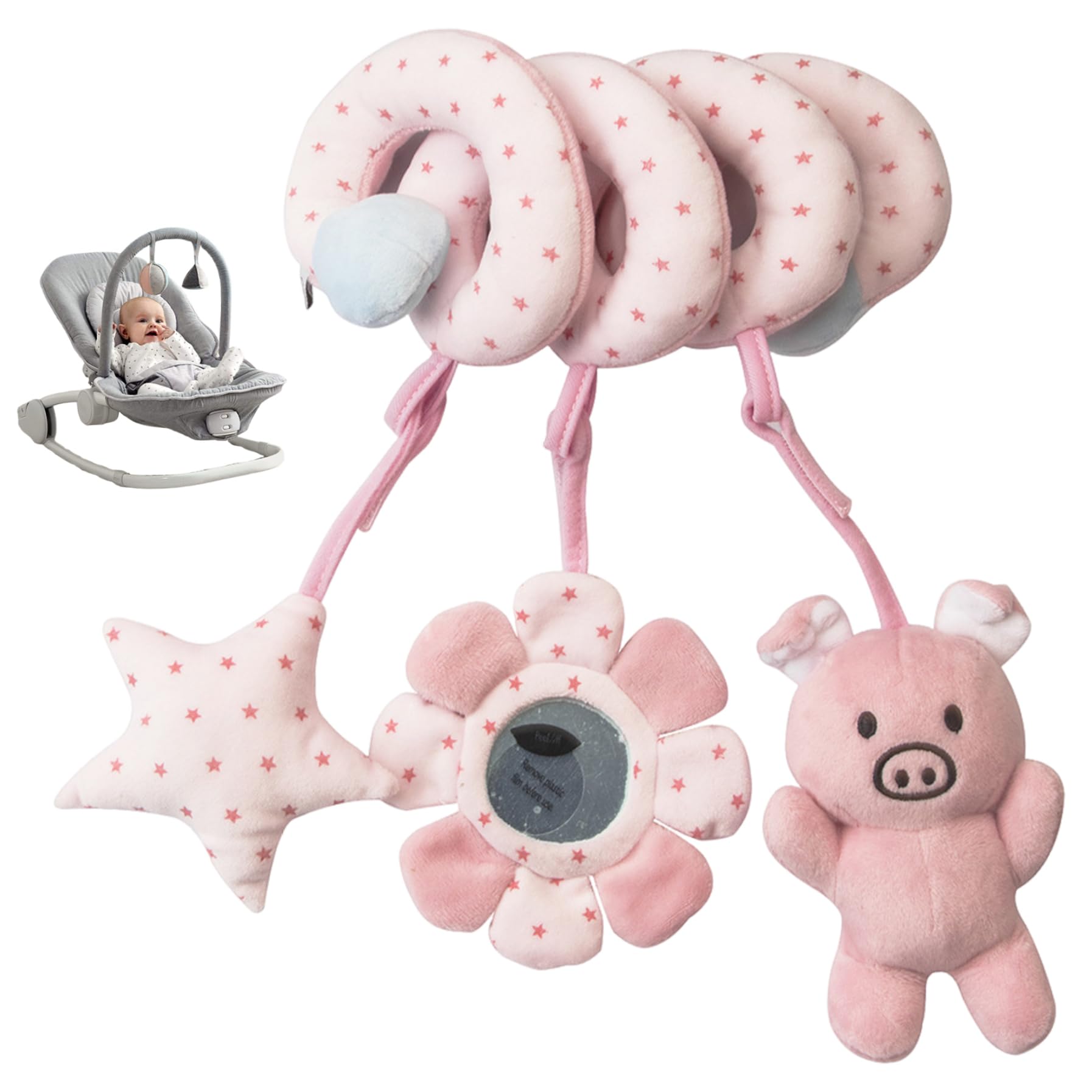 Hperu Car Seat Toys for Babies 0-6 Months Spiral Shaped Funny Crib Toys with Rattles Early Education Hanging for Newborn Baby Boys Girls Pig - Car Seat for Babies 0-6 Months Boy