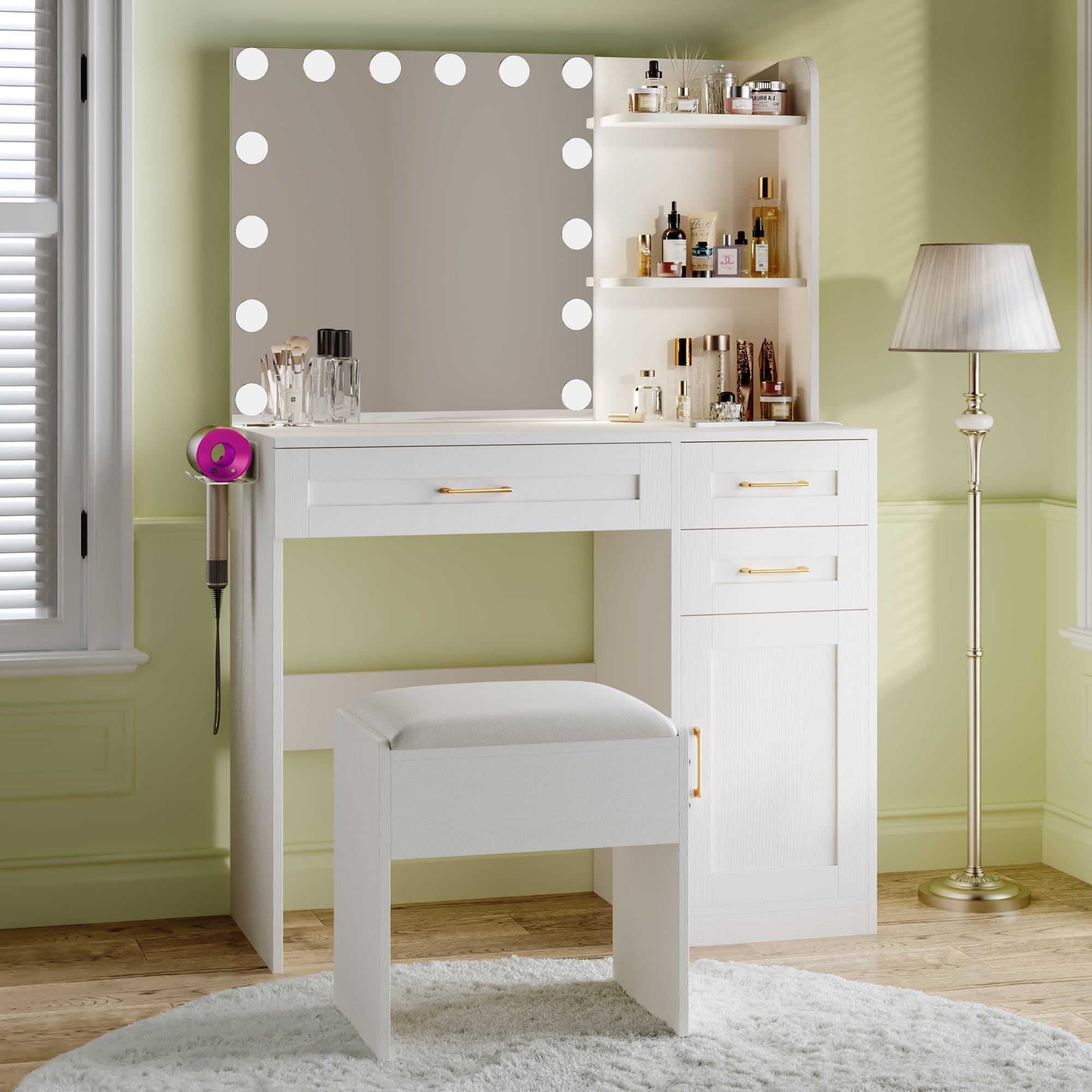 Vanity Desk with Mirror and Lights, Makeup Vanity Desk with Drawers, 3 Colors Lighting Adjustable Brightness, White Vanity with Cabinet and Cushioned Chair, Power Outlet