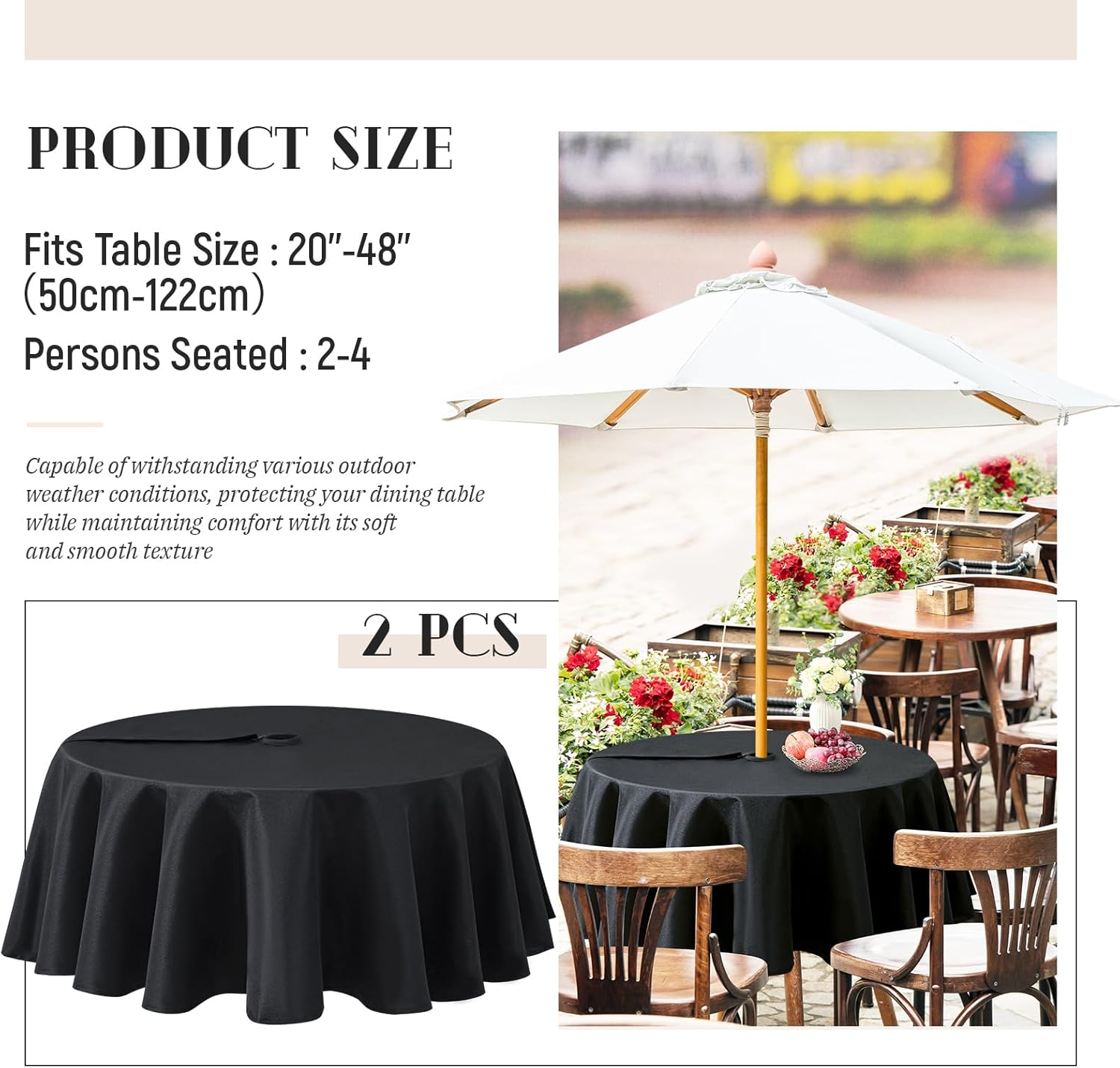 Juexica 2 Pack 60 Inch Round Outdoor Tablecloth with Umbrella Hole and Zipper Washable Waterproof Wrinkle Free Table Cloth Summer Polyester Fabric Table Cover for Picnic, Party, Patio, BBQ (Black)