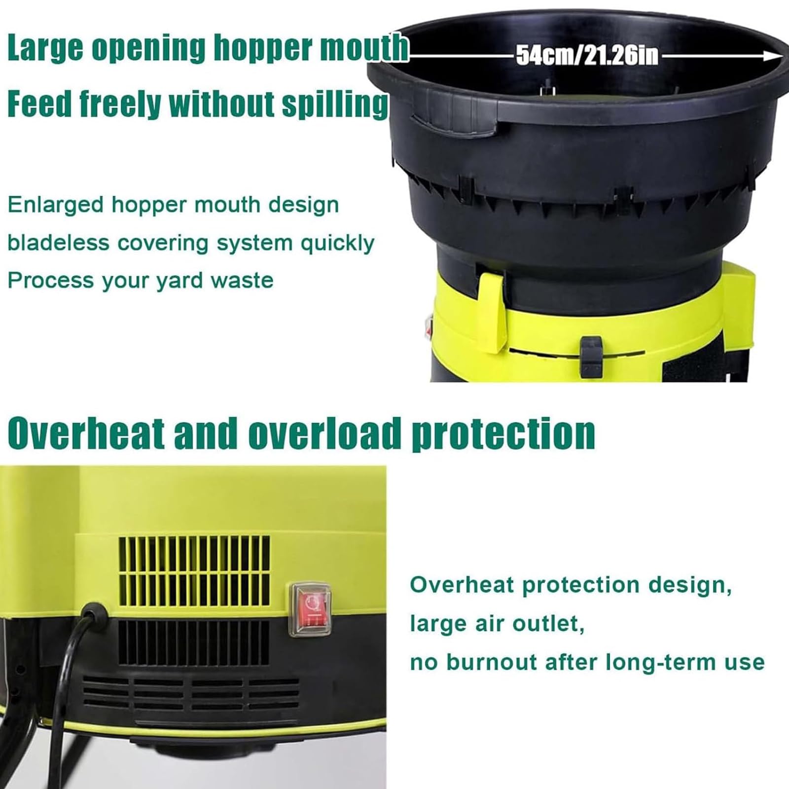 Trituradora De Jardín & Astilladora Eléctrica 2500W - 8000RPM Picadora De Hojas Con Tolva Ancha 54cm, Mulcher De Compostaje Rápido 208L/min Para Residuos De Jardín & Limpieza De Patio 40mpowercord