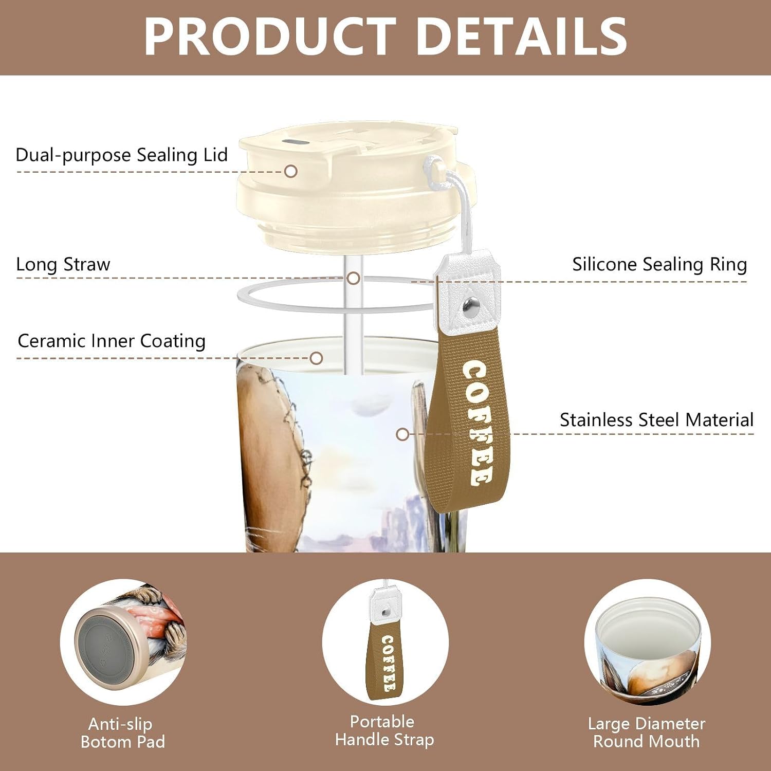 Squirrel Desert Cute Insulated Coffee Mug with Straw & Flip Lid, 16.9oz Iced Tumbler Cup, Double Wall Vacuum Mug for Travel Office