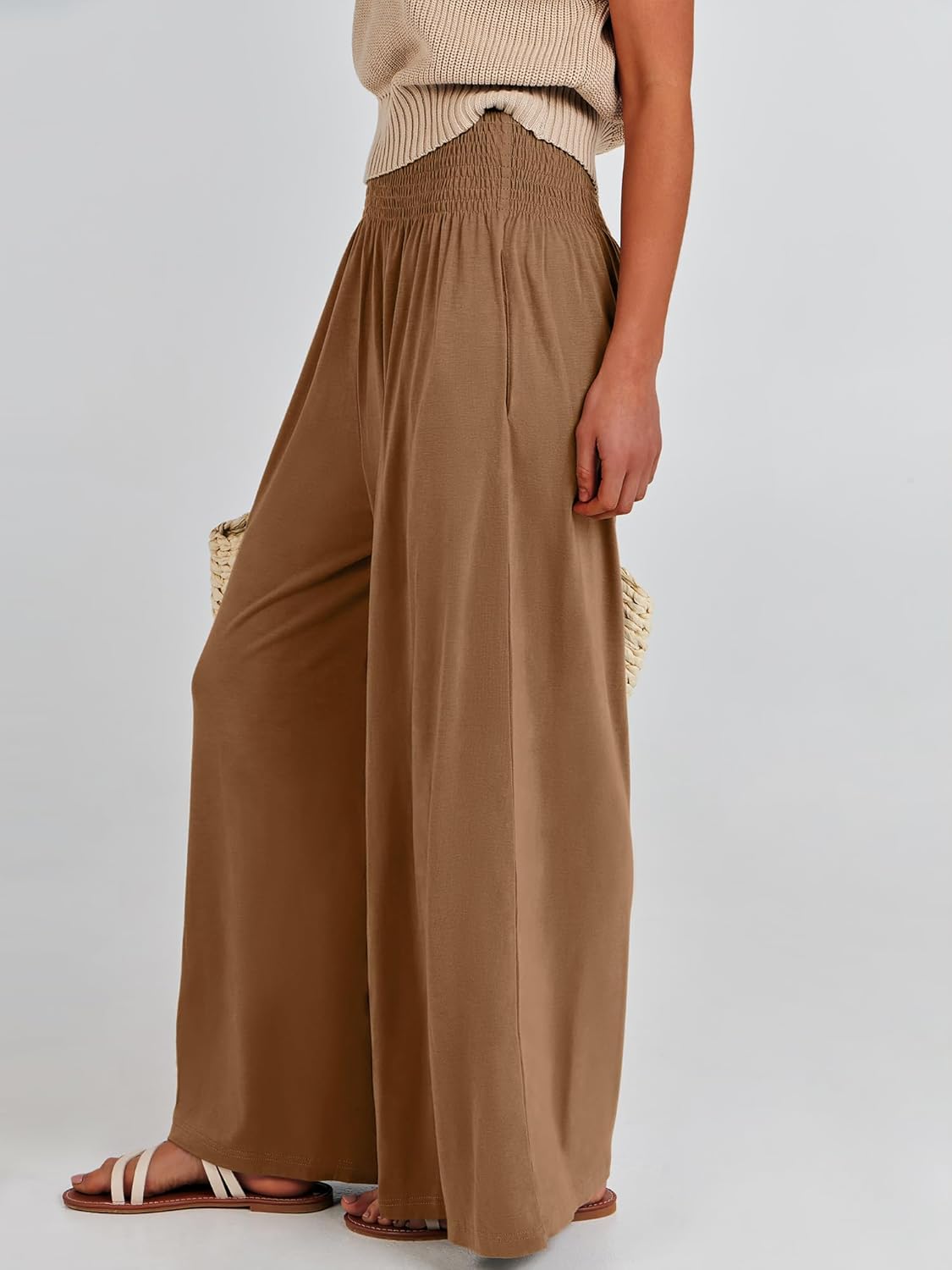 ANRABESS Women Palazzo Pants Summer Boho Bagyy Wide Leg High Smocked Waist Casual Loose Lounge Pant with Pocket - Image 2