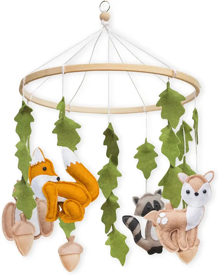 First Landings Woodland Baby Mobile for Crib - Baby Nursery Mobiles - Woodland Nursery Decor Theme - Gender Neutral Baby Stuff - Animals Forest Nursery Decor Baby Mobile - Woodland Baby Stuff