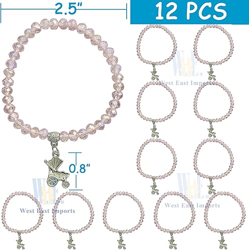 Miniatura 2 de WE Pulsera elástica de cristal rosa para baby shower con dije de carro de bebé (12 piezas)