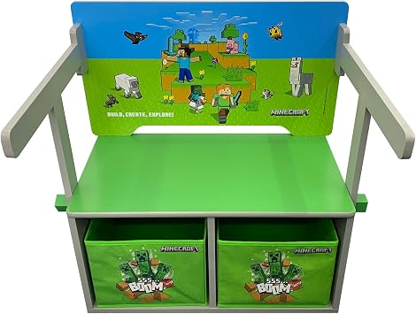 Minecraft 2-in-1 Bench & Table - Wooden Chair Coverts from Seating to Play Desk, 2 Storage Cubes, Game Theme Furniture, Store-Sit-Play, Licensed