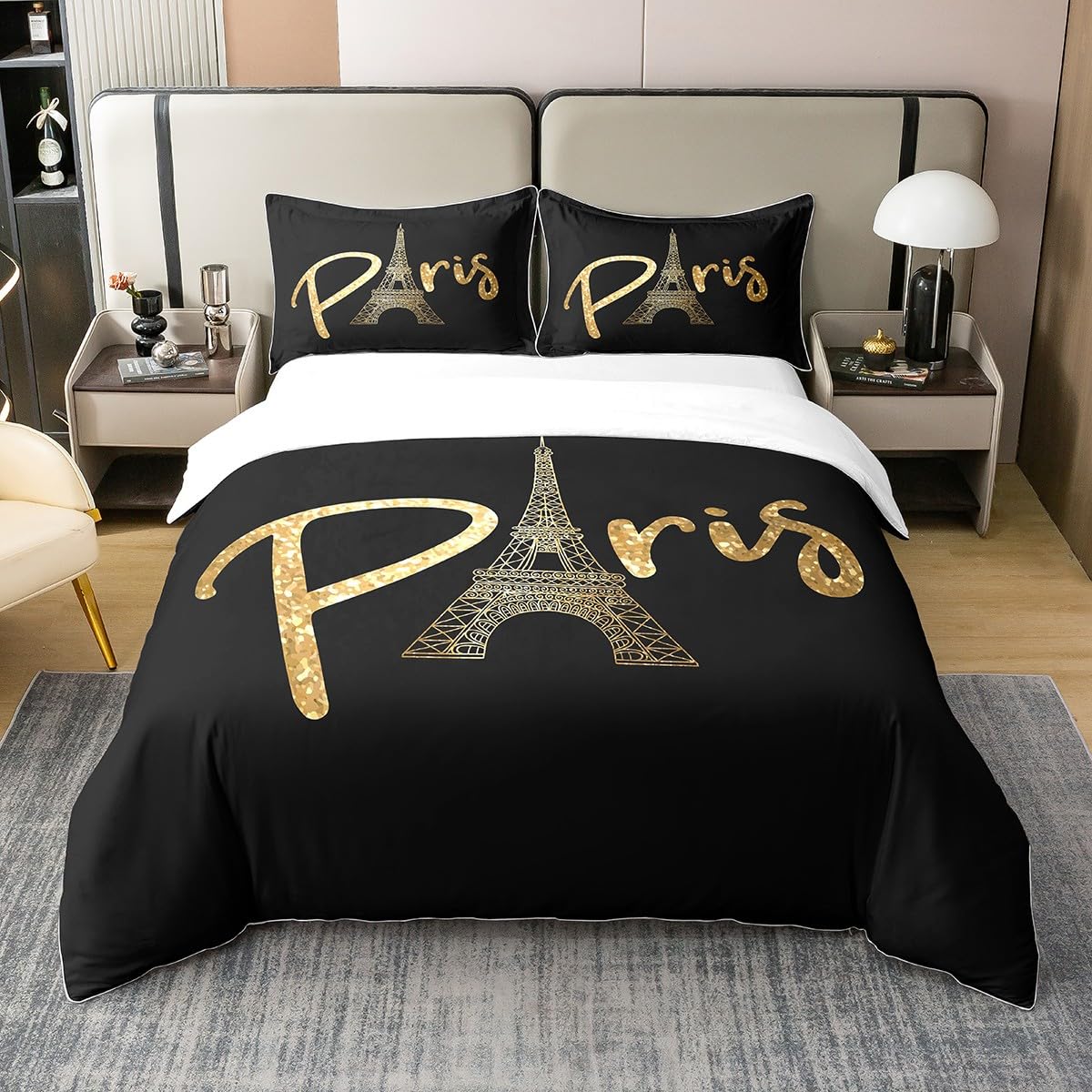 Loussiesd Eiffel Tower 100% Cotton Duvet Cover, Paris Decor Bedding Set,Trip Design Black Gold Comforter Cover Set, King Size — image 1