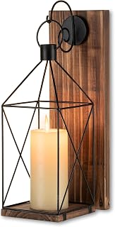 Staymoment Farmhouse Candle Sconces Wall Decor - Rustic Wood Board Black Metal Lantern Holder for Living Room Porch Yard