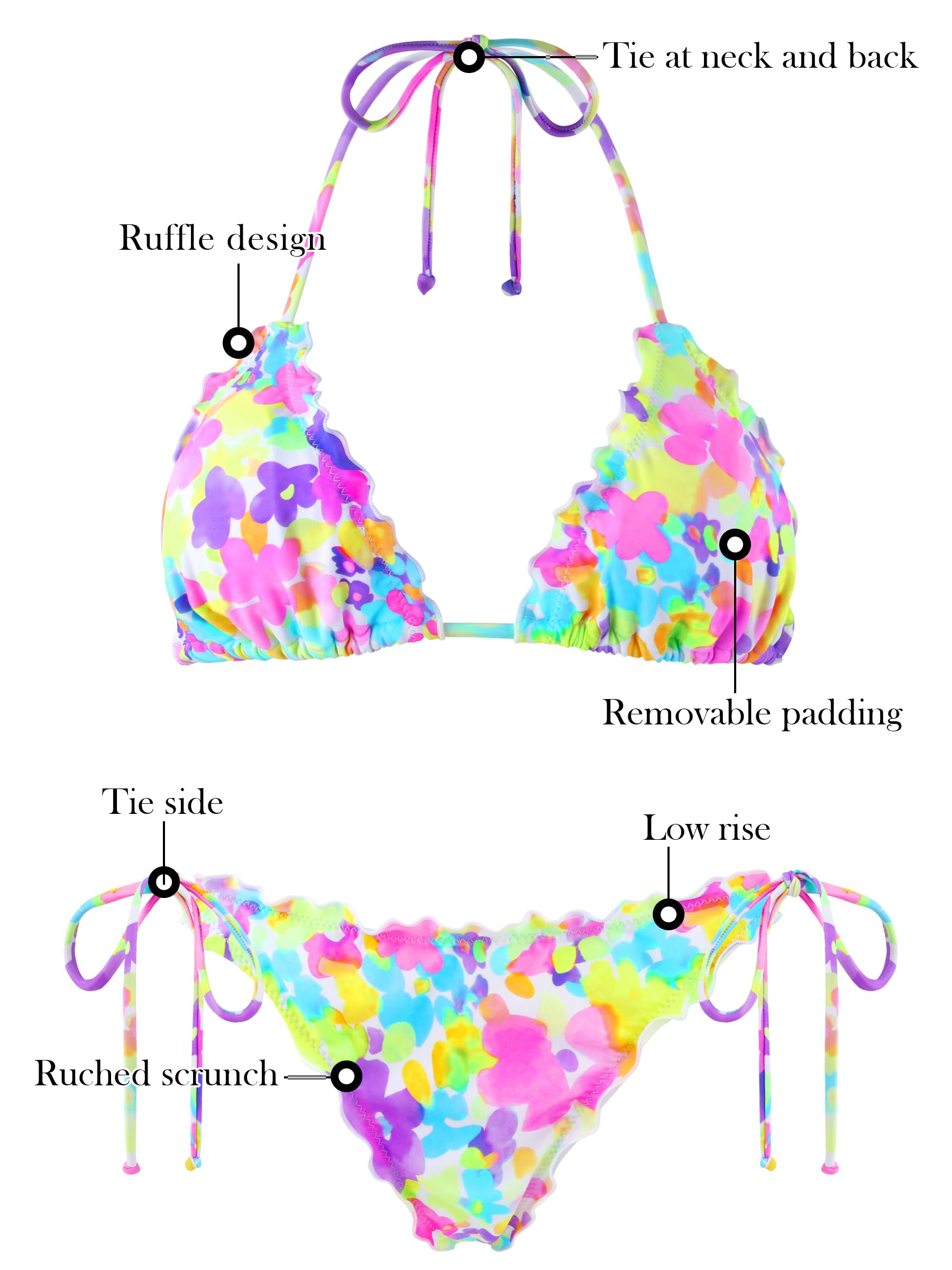 Ocean Blues Set bikini ondulato regolabile da donna, con top e lacci laterali