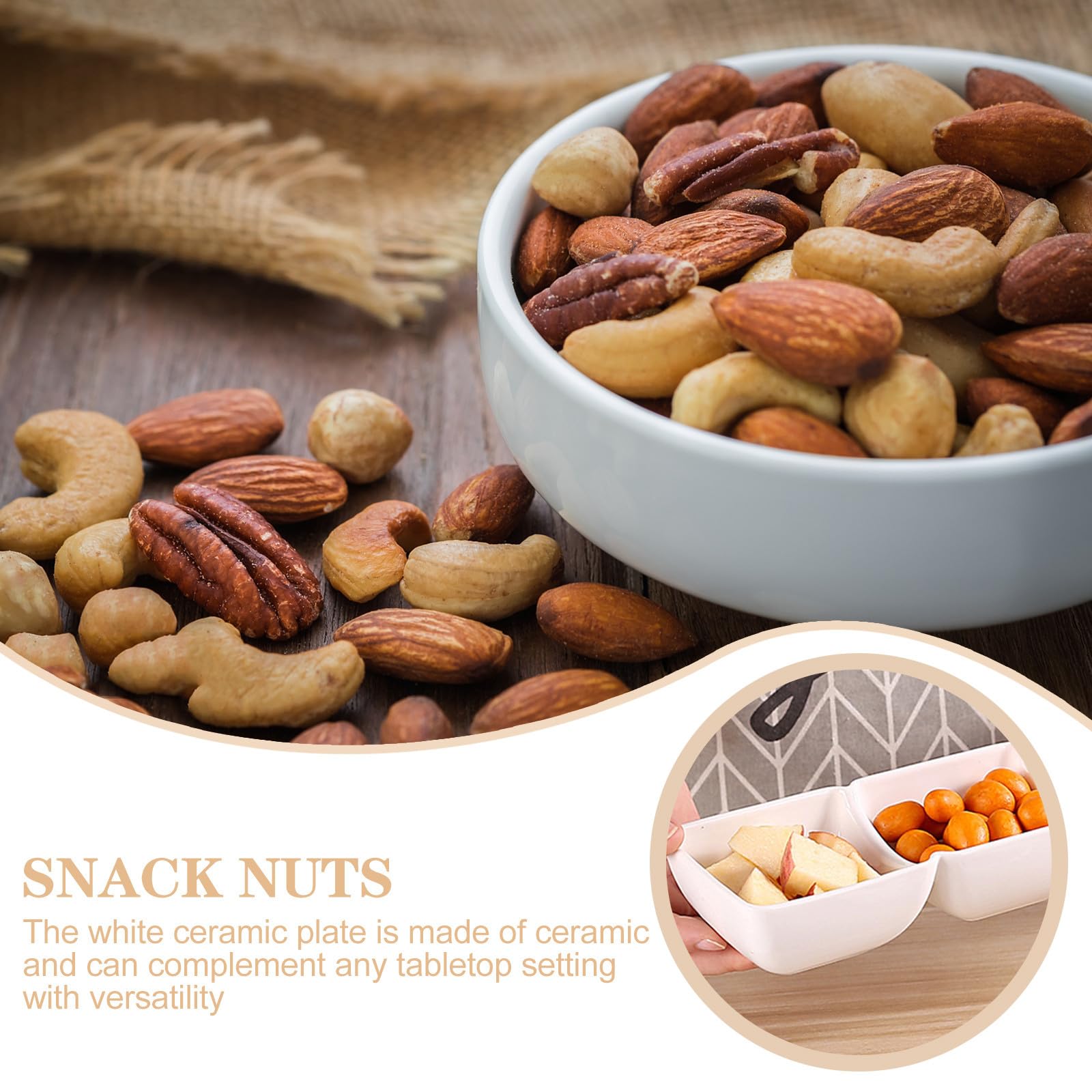 Zerodeko 2 Piezas Tazón de Snacks Cuenco para Aperitivos de Cerámica Blanco de 3 Compartimentos con Asa de Madera, Cuadrado, Portátil, para Restaurante y Tienda de Alimentación