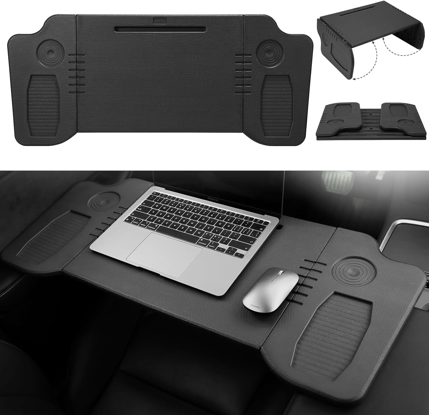 Foldable Food Tray Desk for Tesla Model 3/Y, Carbon Fiber Car Laptop Tray, Portable Steering Wheel Table for Working, Travel, and Dining, Upgraded Design