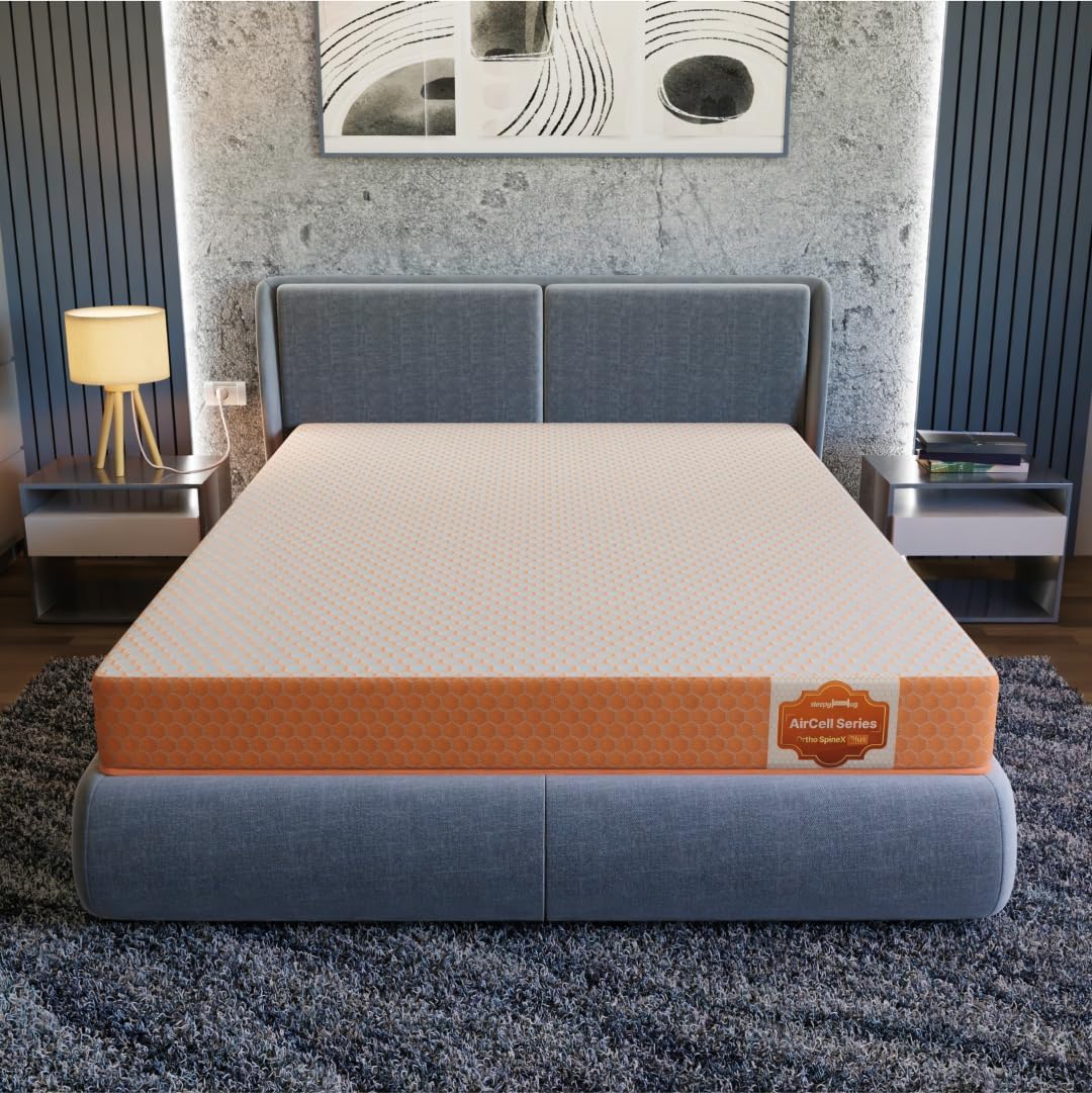 SleepyHug AirCell Ortho Spinex Plus 5 inch HR Foam Mattress | 3 Zones Support |5 Years Warranty | Back Pain Relief |Spine Alignment | King Bed Size White & Orange (LxWxH -84x72x5 Inch)